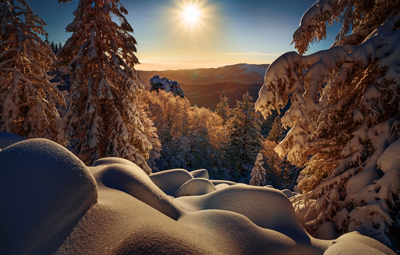 Wallpaper winter, the sun, rays, snow, trees, landscape, mountains, nature, morning, ate, the snow, Robert Didierjean image for desktop, section пейзажи