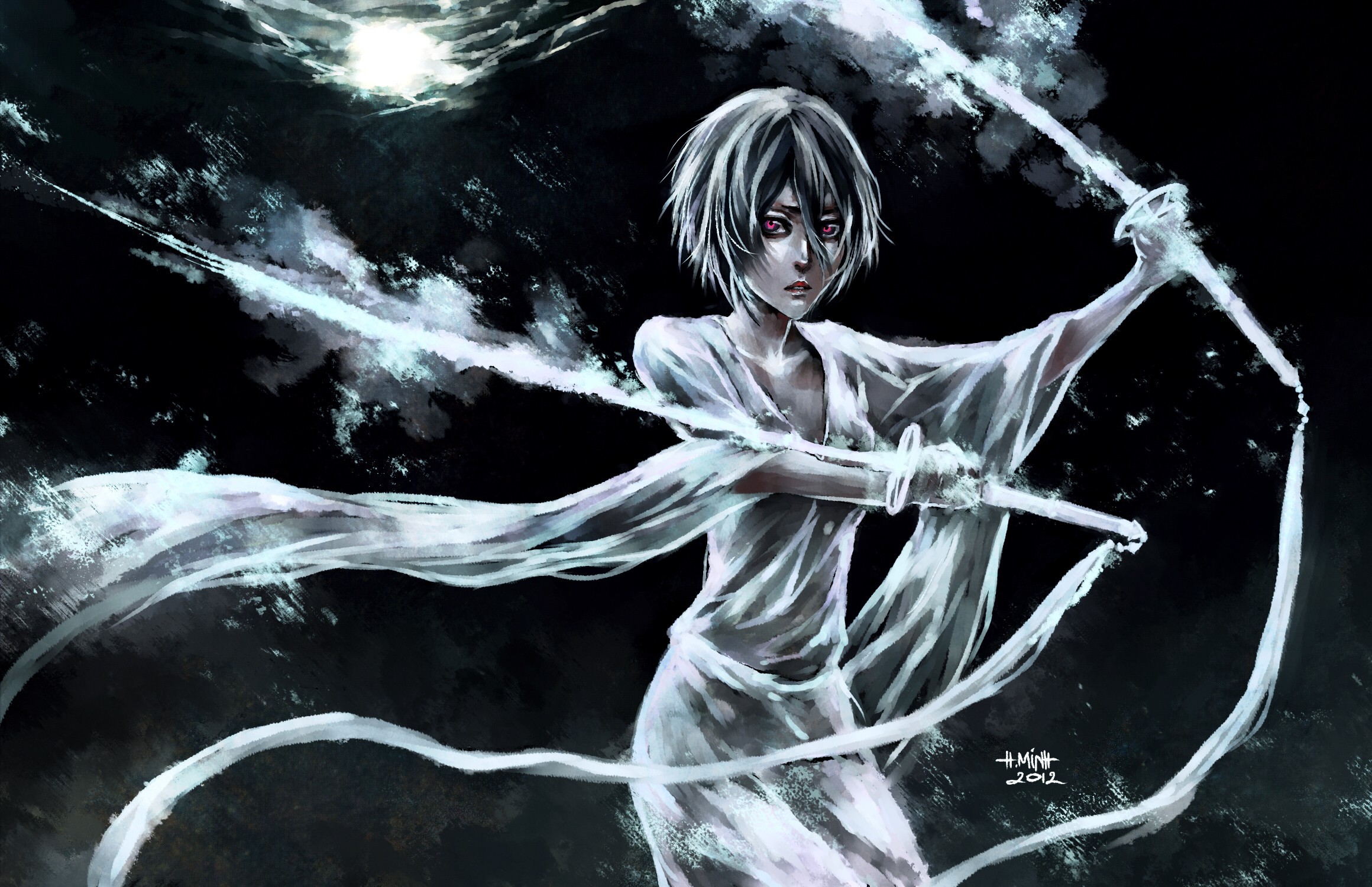 Katana white flame artist NanFe Desktop wallpaper 1600x900