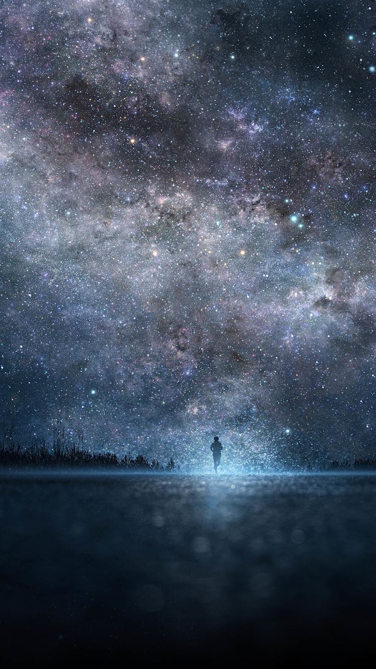 Amazing Shiny Starry Skyscape Lonely Man Shadow iPhone 8 Wallpaper Free Download