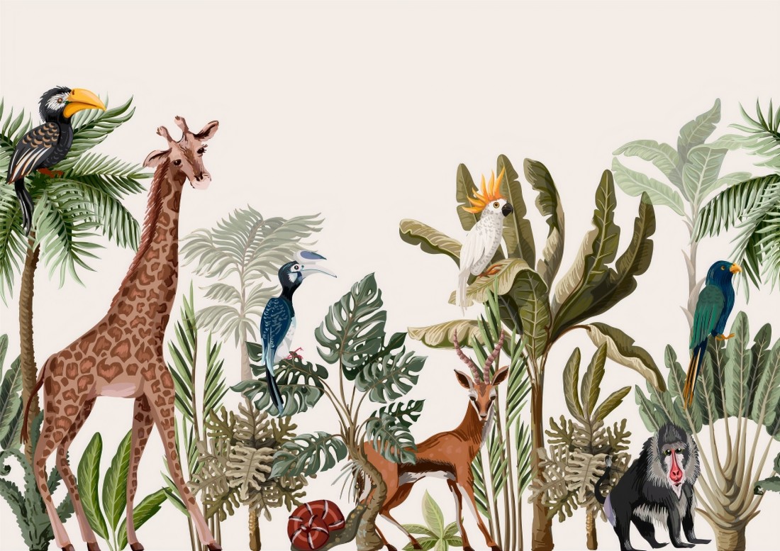 Watercolor Jungle and Safari Animals Wallpaper Mural • Wallmur®