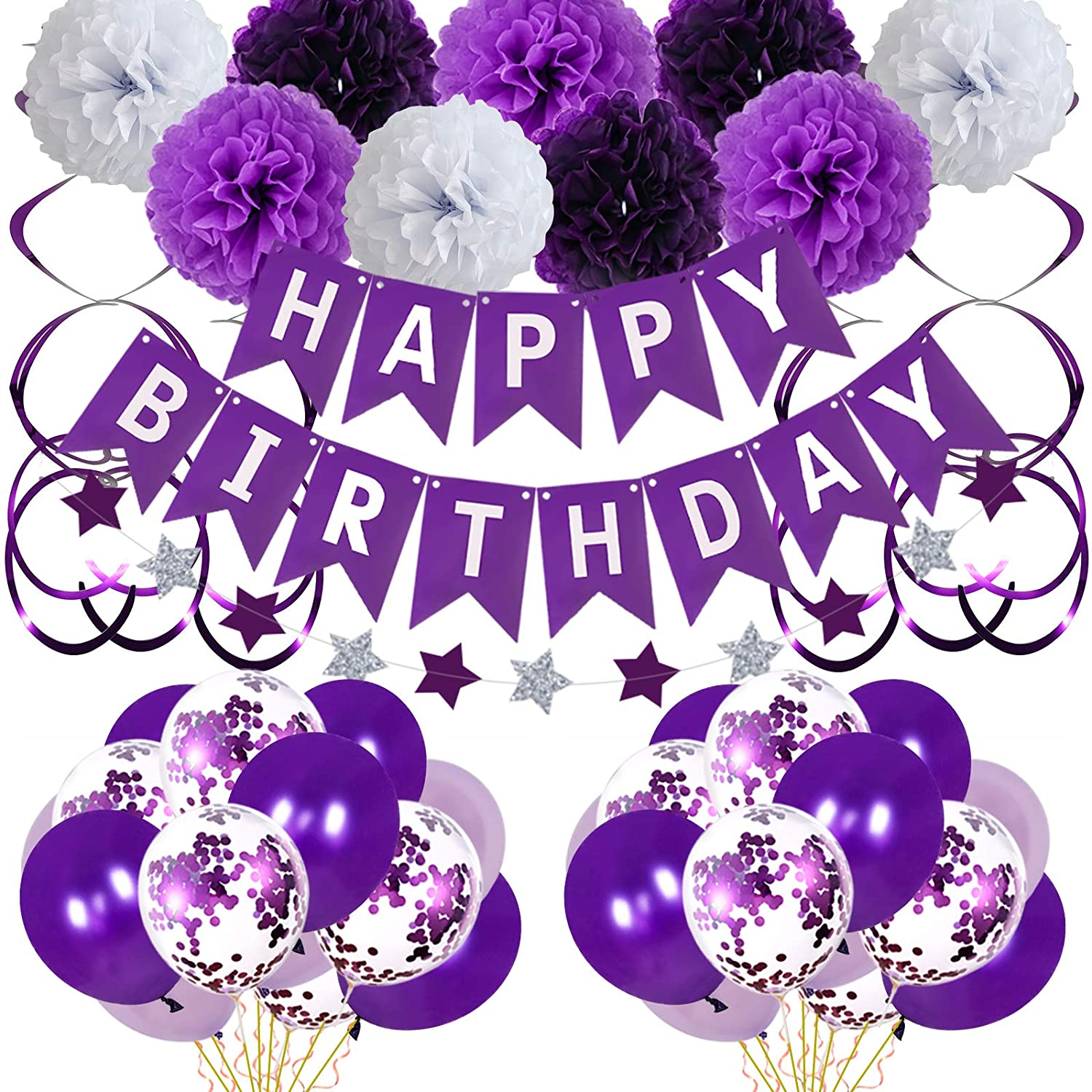 Birthday Decorations for Girls Women, Purple Party Decorations Happy Birthday Decoration with Bunting Banner, Balloons, Pompoms, Hanging Swirl for Bday Engagement Anniversary Party Decor Suit