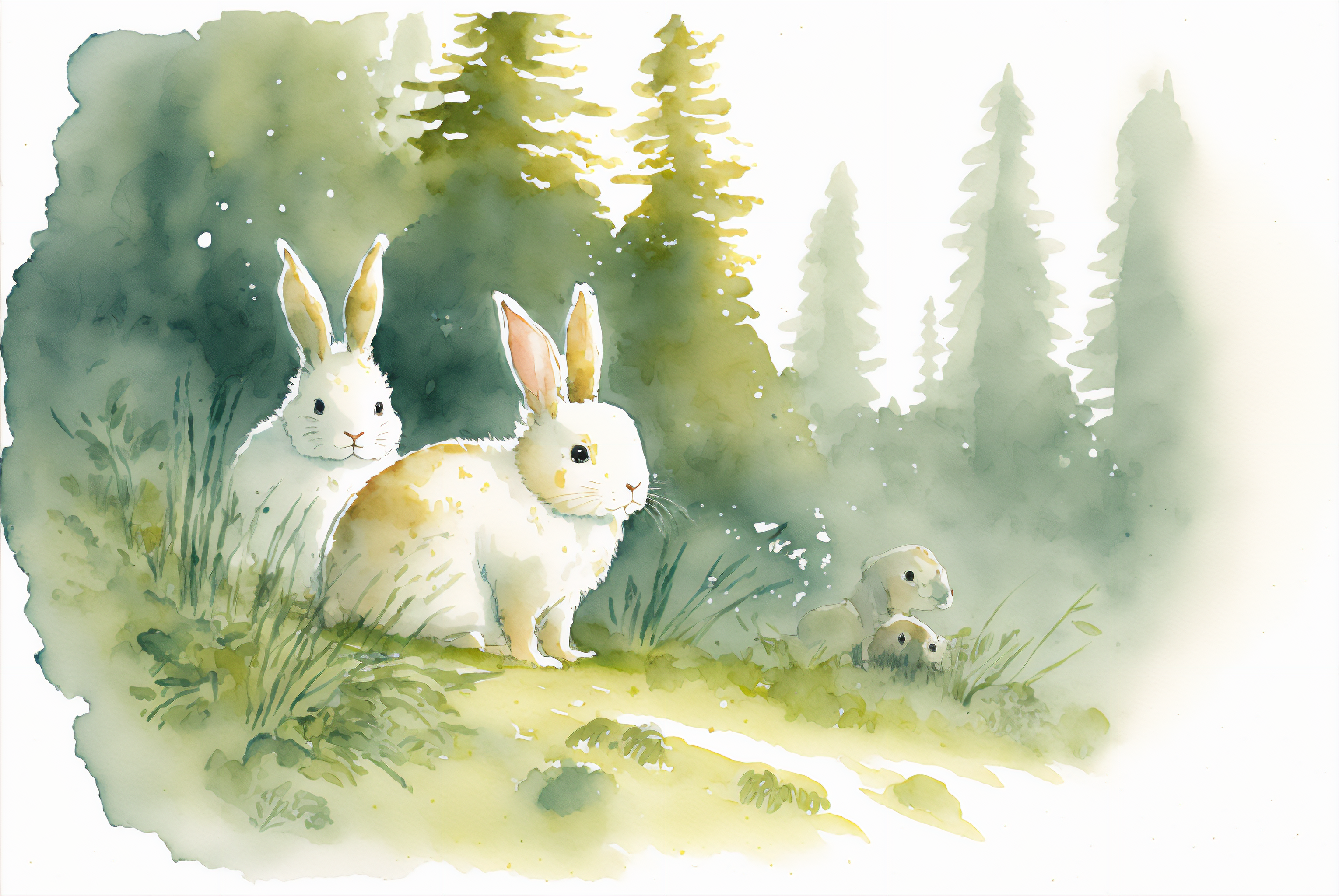 Ai Art Rabbits Watercolor Animals Trees Grass Nature Wallpaper:3060x2048