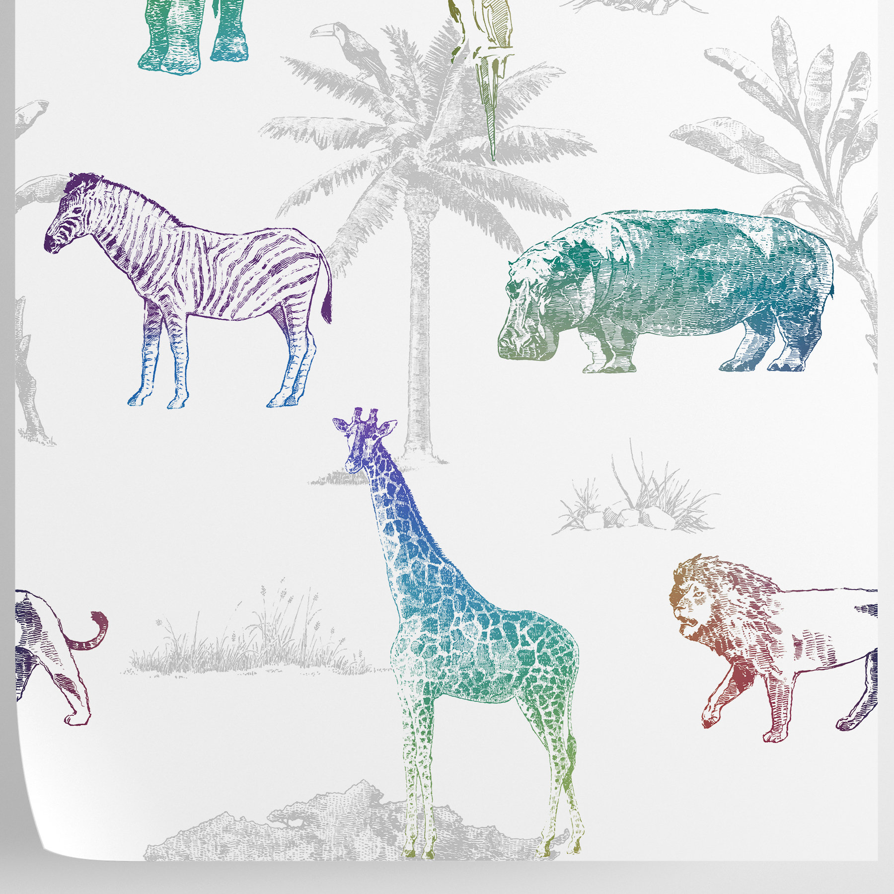 Mural Rainbow Safari Wallpaper with Wild Animals, Lion Elephant Giraffe Watercolor animal Nursery Wall Decor