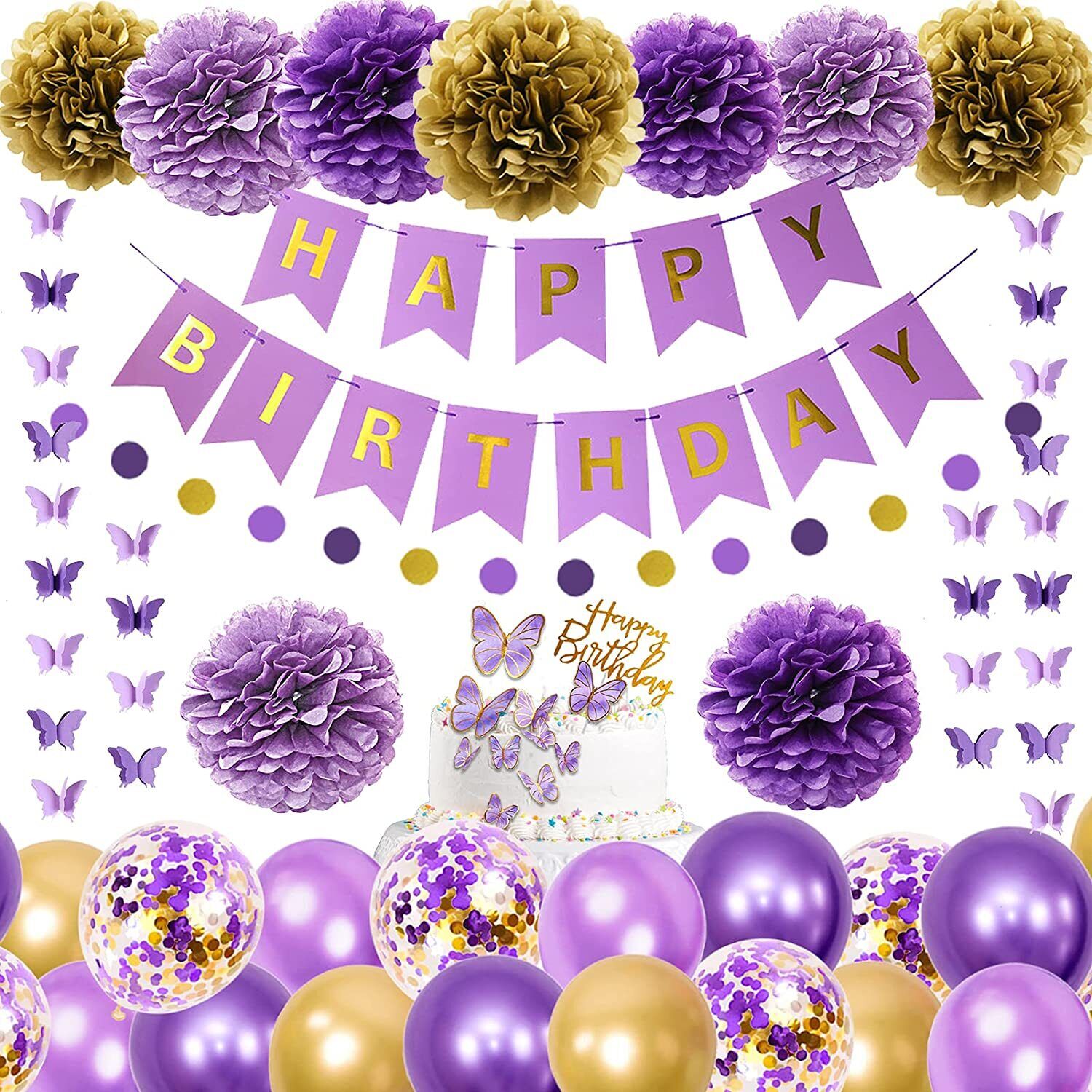 Purple Happy Birthday Decorations for Women Girls Butterfly Party Supplies 7445026956901