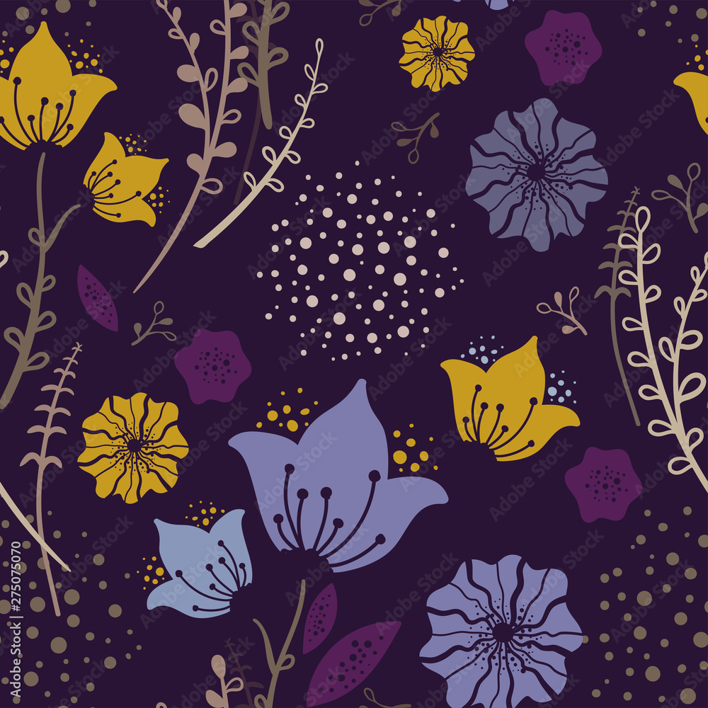 Trendy Simple Spring Floral Seamless Pattern. Handdrawn vector illustration. Naive childish Bluebell flowers on purple background. Great for decor, wallpaper, gift paper, souvenir and patchwork design Stock Vector
