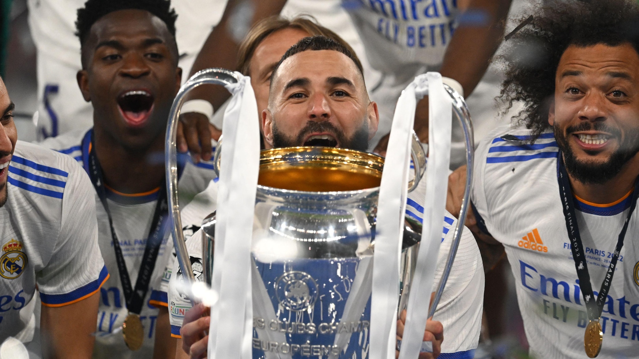 Real Madrid reaction to Champions League triumph: Ancelotti, Benzema, Courtois, Carvajal. UEFA Champions League