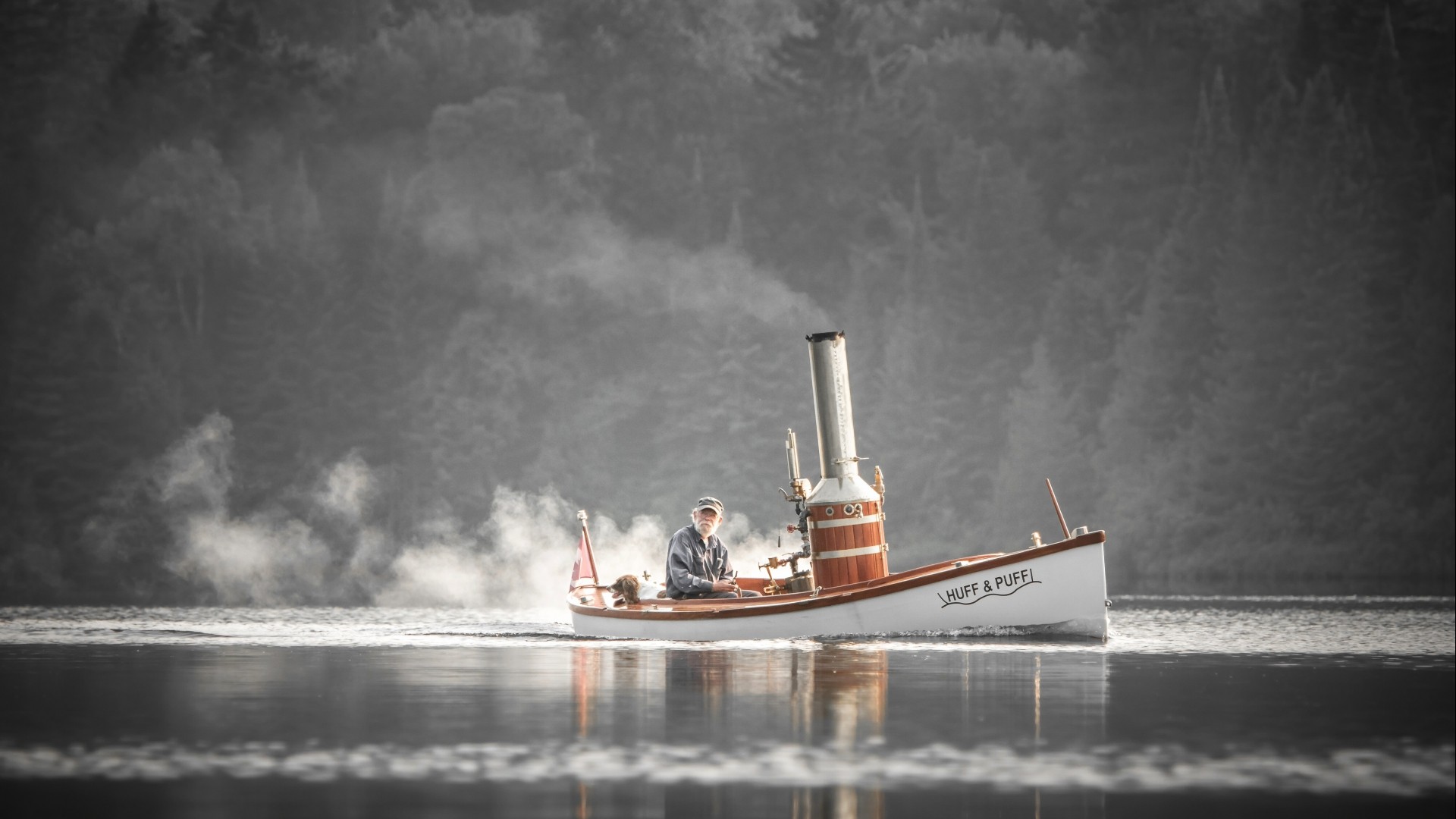 Wallpaper, men, landscape, forest, boat, lake, water, nature, reflection, vehicle, smoke, mist, old people, pine trees, beards, chimneys, sailor, ghost ship, steamship, watercraft, darkness, black and white, monochrome photography, ocean liner