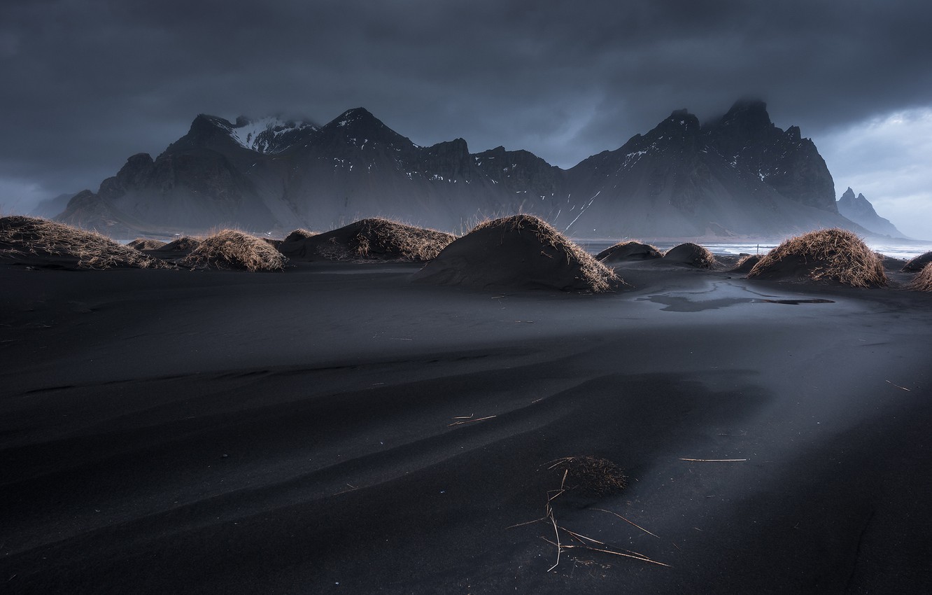 Wallpaper the sky, grass, clouds, mountains, Iceland, Vestrahorn, Stockksness, black sand image for desktop, section природа