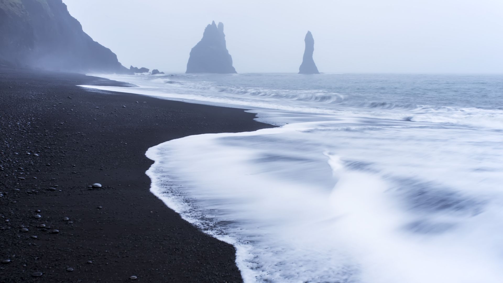 Desktop Wallpaper Beach, Black Sand, Mountains, Nature, HD Image, Picture, Background, 7z8bdn