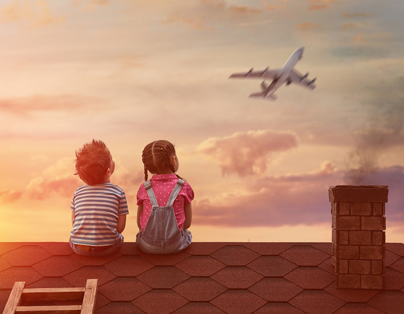Photos Little girls Boys Airplane child Human back Two Roof Sitting