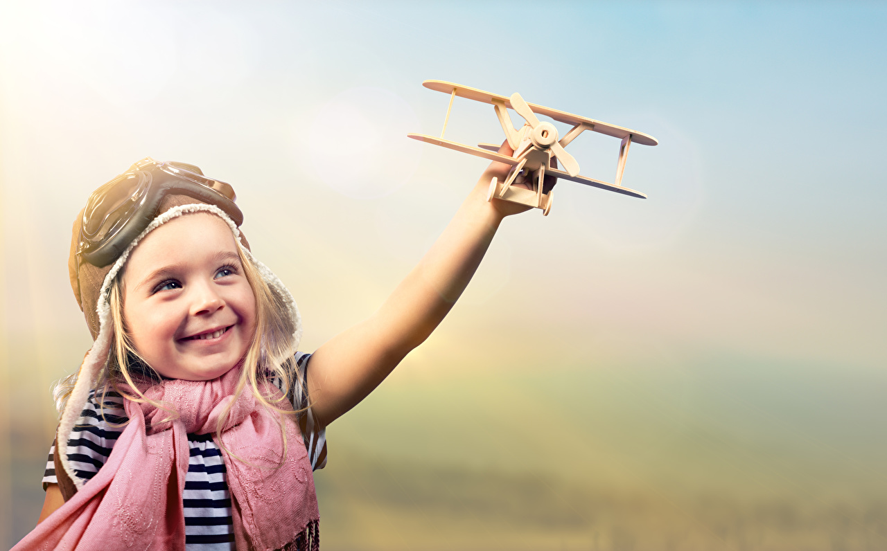 Wallpaper Children Little girls Airplane Scarf Smile Playing Toys