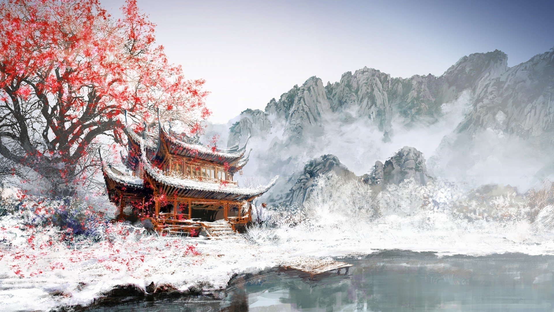 fantasy art, Japan, snow, mountains, painting, winter, white, cherry blossom Gallery HD Wallpaper