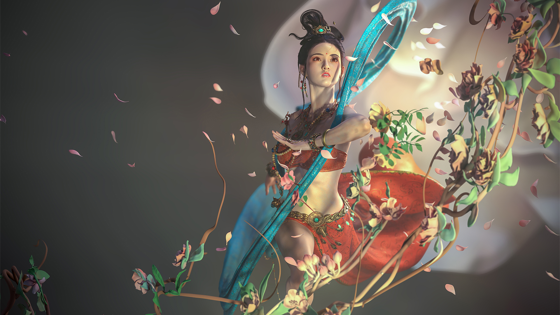 Wallpaper, China, chinese art, dunhuang, women, flowers 1920x1080