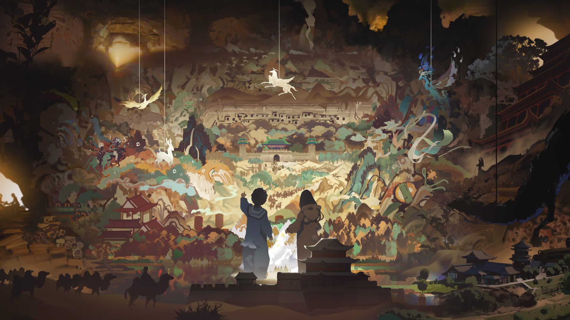 artwork, Dunhuang, Chinese architecture, mural, anime girls, anime boysx1080 Wallpaper