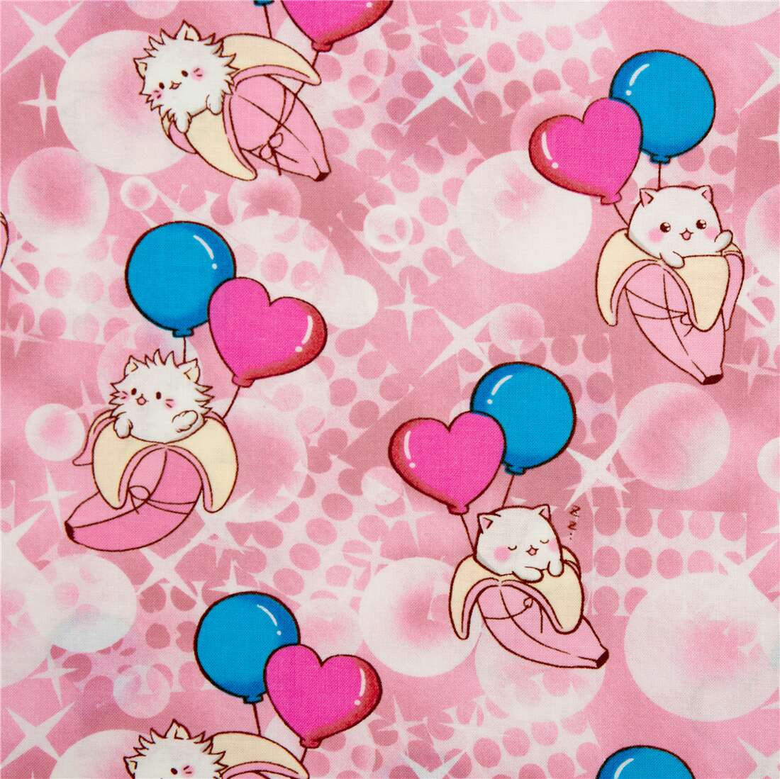 cat banana heart balloon Bananya fabric in pink