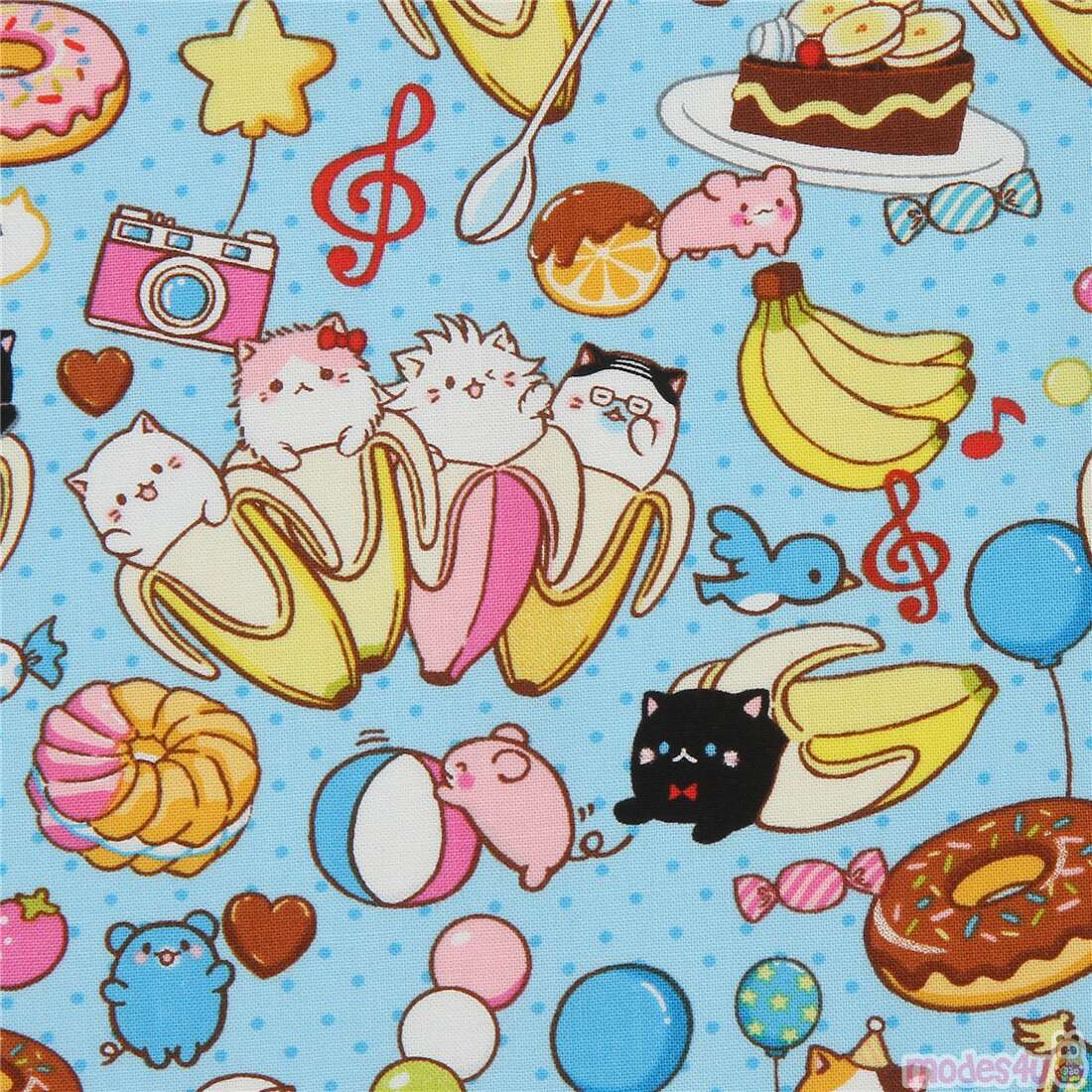 Remnant (32 x 112 cm) and banana Bananya fabric in light blue with donuts and dessert