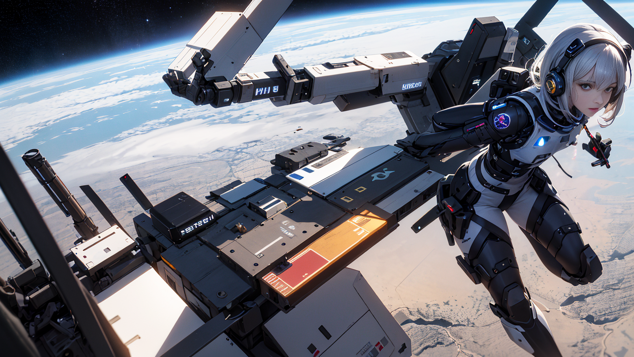 Wallpaper, Earth, space station, Exoskeleton armor, girl in armor, ai art, anime girls 2176x1228