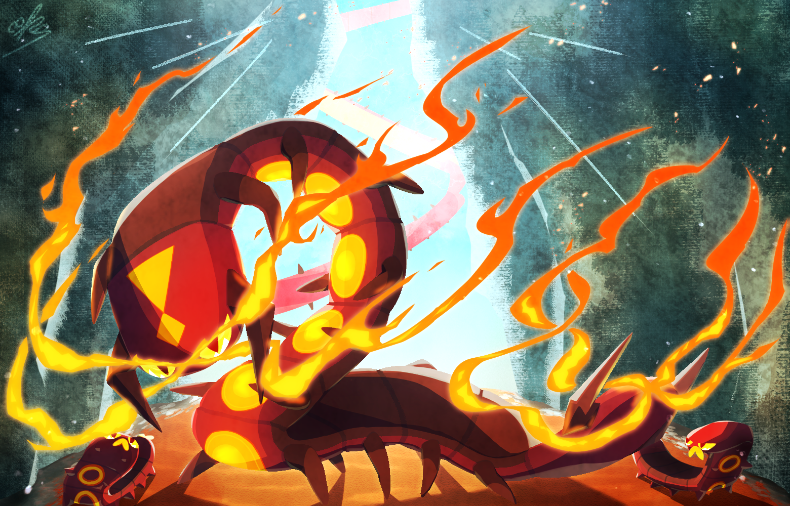 centiskorch and sizzlipede (pokemon) drawn