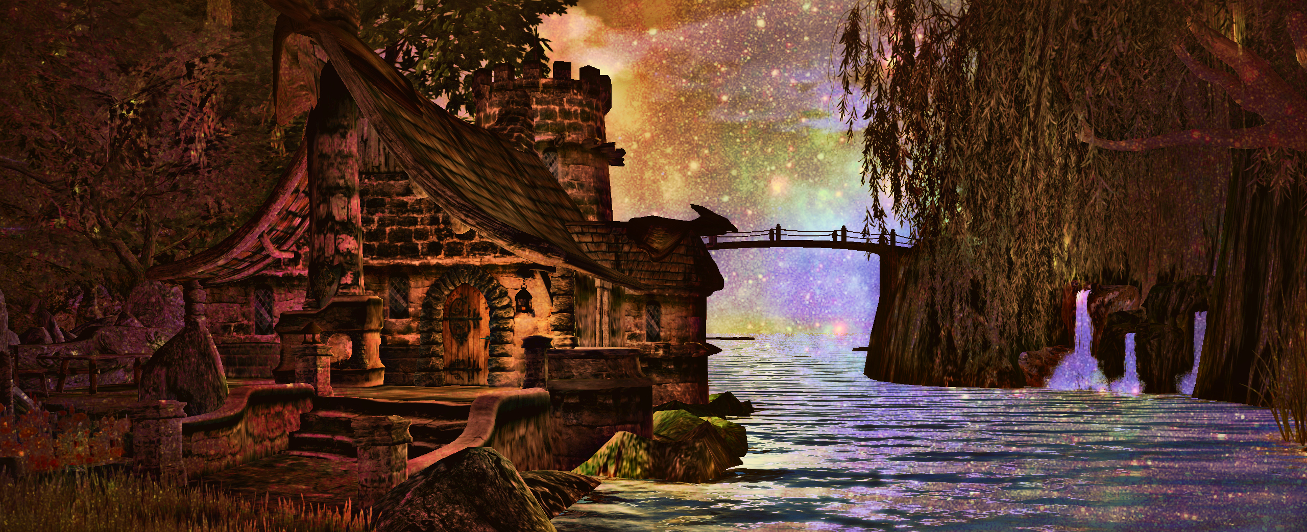Wallpaper, ocean, trees, sea, sky, favorite, house, castle, home, water, stars, magic, cottage, atmosphere, SL, fantasy, secondlife, ethereal, hobbit, magical, sim, Hollow, dreamhouse, myreality, starsoverocean 2560x1042 - Wallpaper