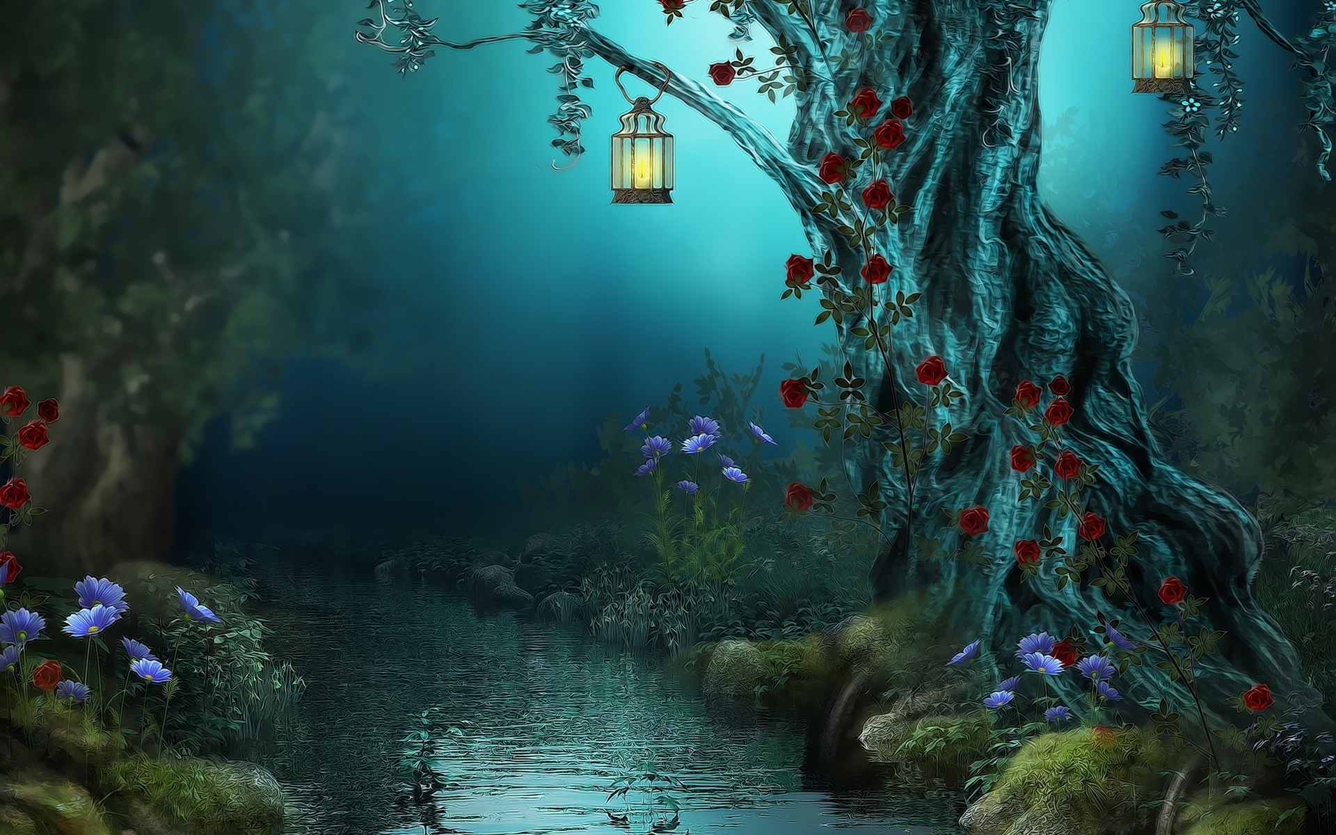 Wallpaper, 1920x1200 px, ART, fantasy, flowers, landscape, Rivres, trees 1920x1200