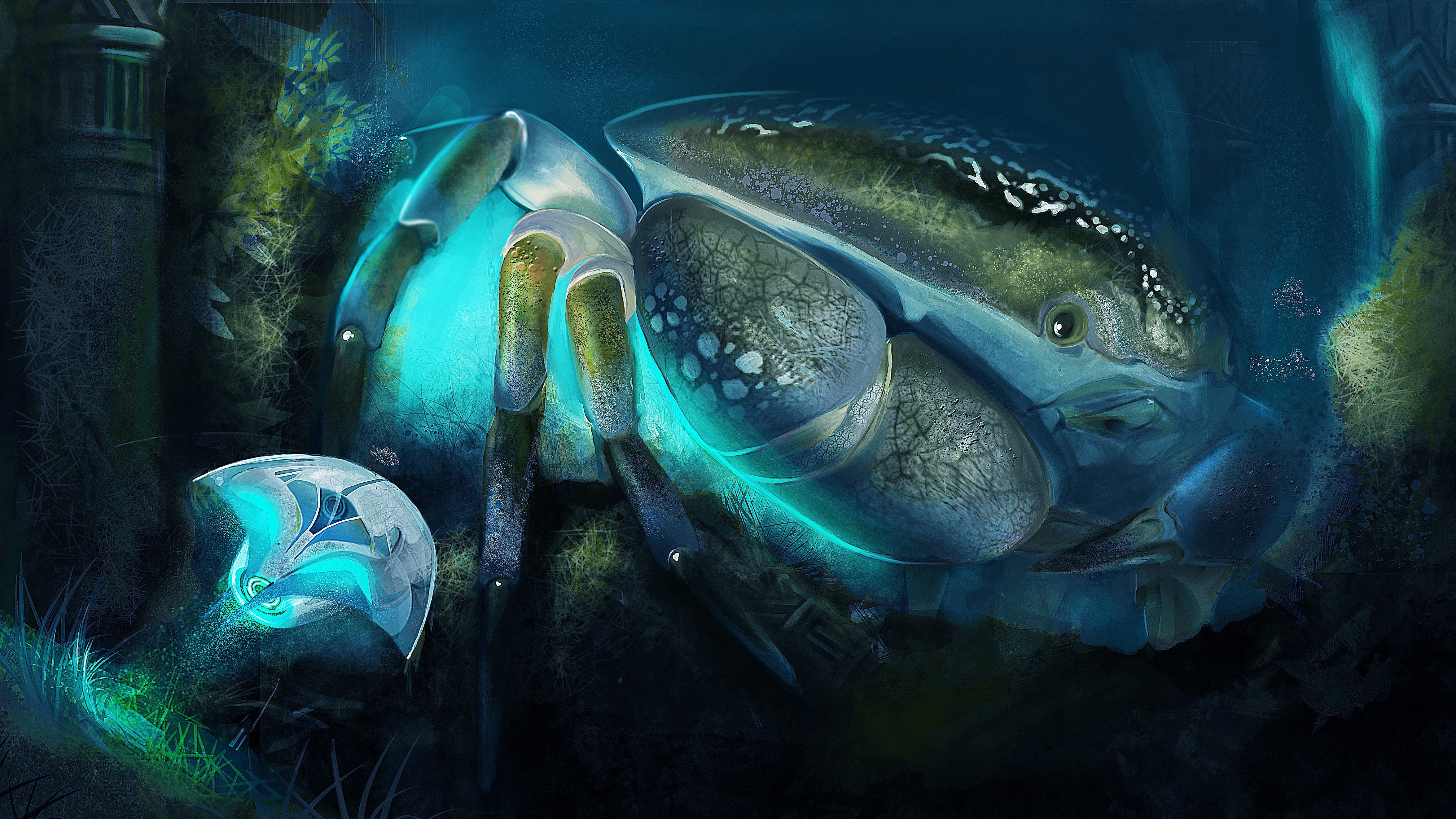 Wallpaper Сrab, cancer, Underwater World, ocean, sea, water, art, blue, Art