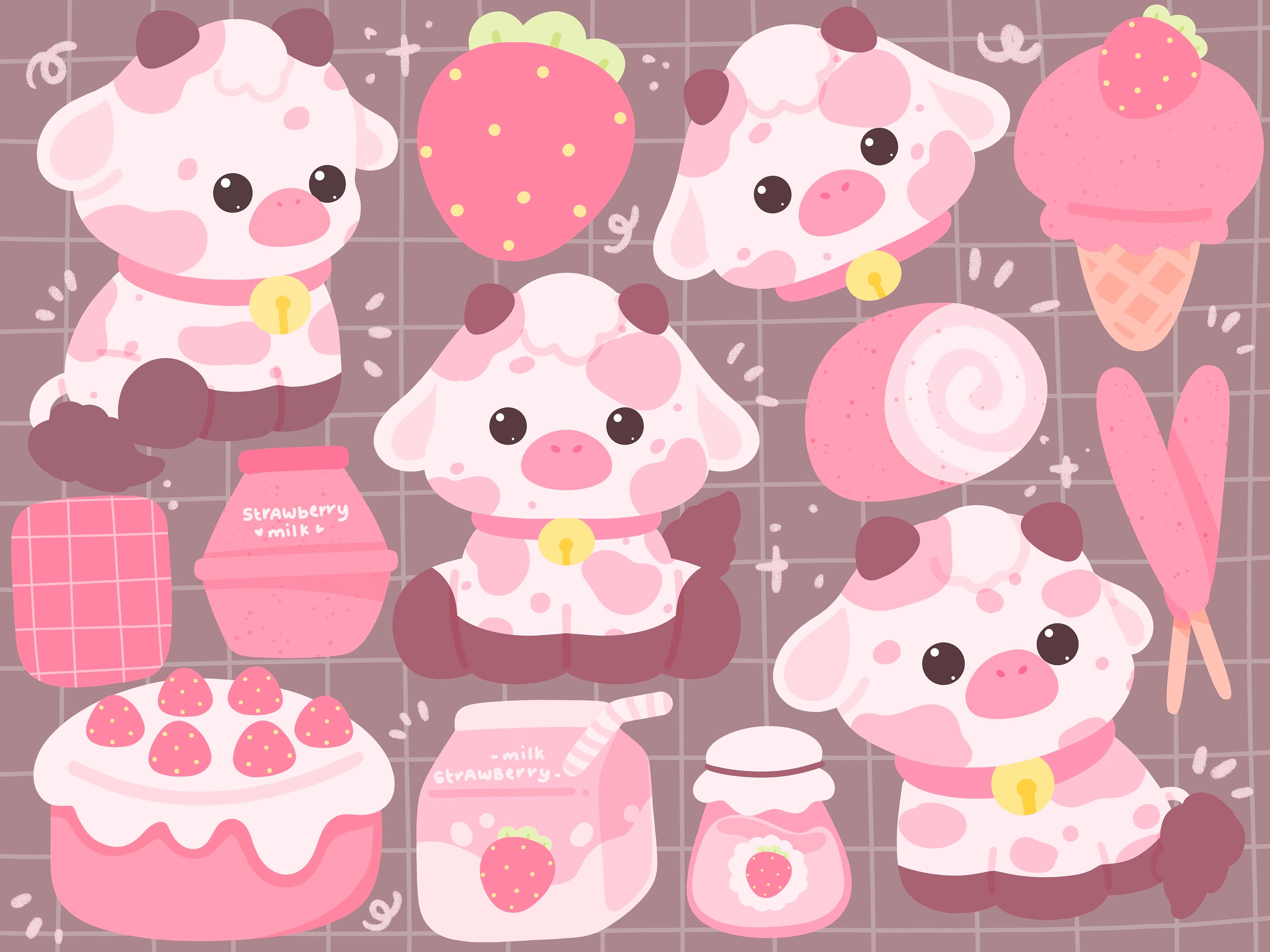 Cute Kawaii Printable Strawberry Cows Clipart / Commercial