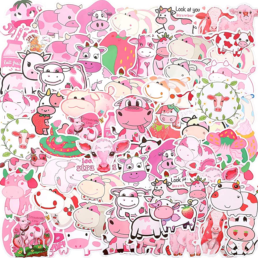 Zonon 100 Pieces Strawberry Cow Stickers for Water Bottle Cute Strawberry Cow Decals Waterproof Pink Cow Stickers for Computer, Luggage, Guitar, Bottle, Refrigerator, Teens, Boys, Girls