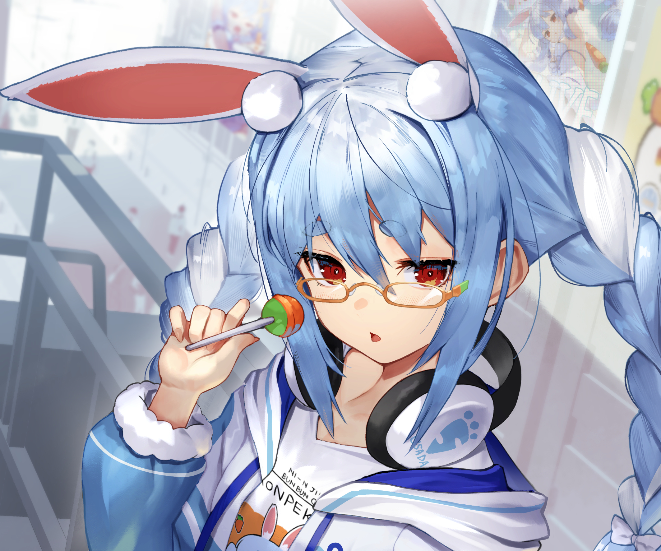 Hololive Usada Pekora Anime Girls Bunny Girl Bunny Ears Blue Hair Red Eyes Wallpaper:2126x1772