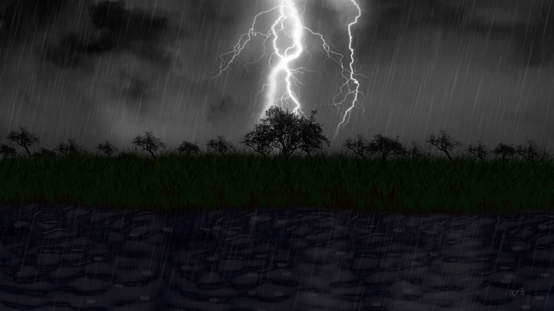 Wallpaper, lights, digital art, monochrome, night, lake, rain, lightning, storm, thunder, light, cloud, weather, darkness, black and white 1920x1080
