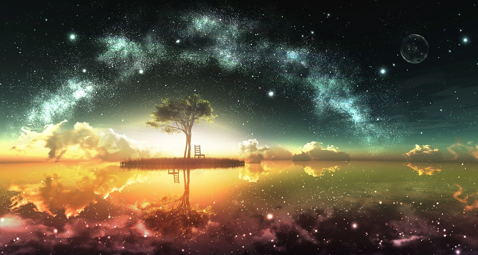 Wallpaper, water, trees, sky, sea, lake, space, galaxy, Milky Way, chair, colorful, reflection, clouds, stars, sunlight, sunrise, evening 1878x1002