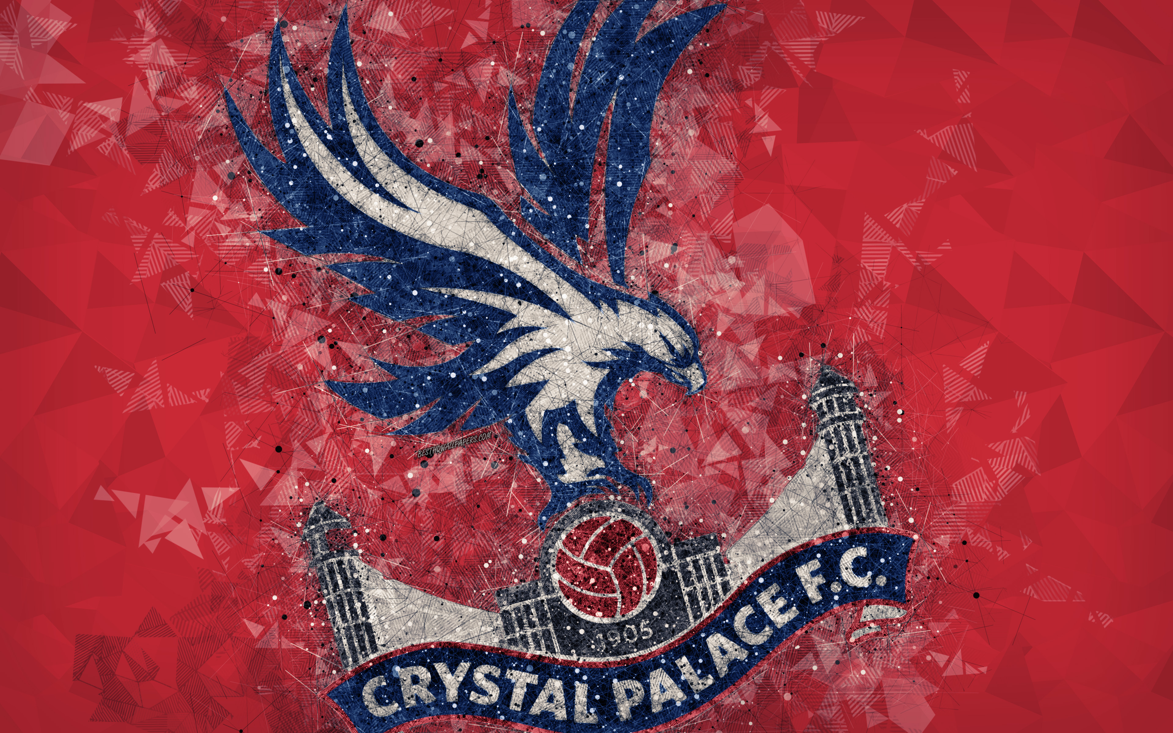 Download wallpaper Crystal Palace FC, 4k, logo, geometric art, English football club, creative emblem, red abstract background, Premier League, Croydon, London, UK, football for desktop with resolution 3840x2400. High Quality HD picture