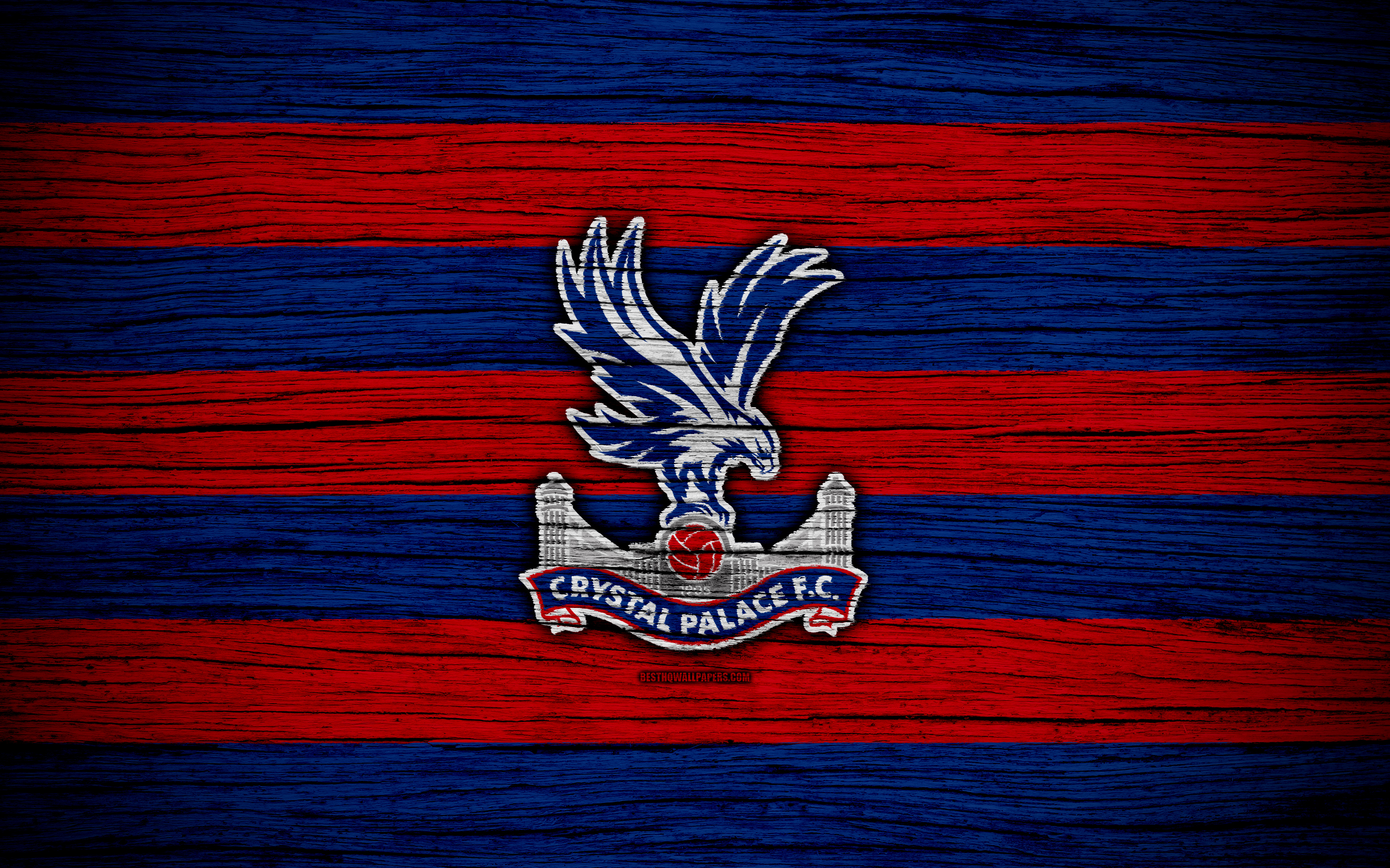 Download wallpaper Crystal Palace, 4k, Premier League, logo, England, wooden texture, FC Crystal Palace, soccer, football, Crystal Palace FC for desktop with resolution 3840x2400. High Quality HD picture wallpaper