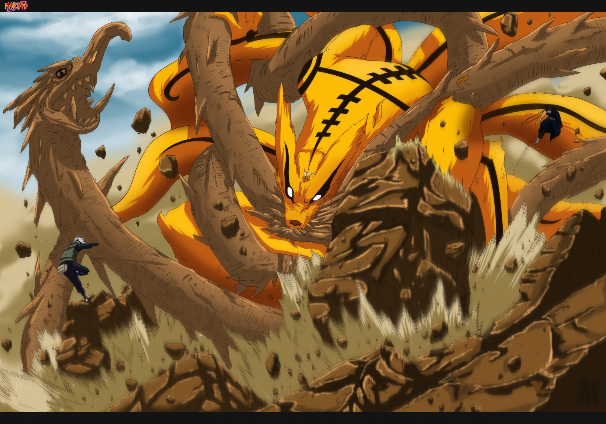 Wallpaper, illustration, anime, Hatake Kakashi, Naruto Shippuuden, dragon, Uzumaki Naruto, Hokage, comics, mythology, Kyuubi, Bijuu, ART 2000x1400