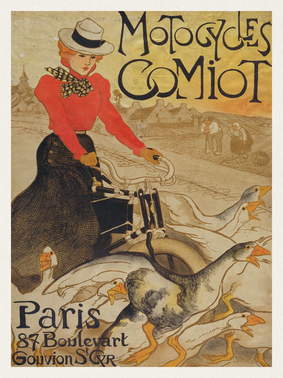 Motocycles Comiot (Vintage French Geese / Goose & Bike Poster)éophile Steinlen Wall Mural