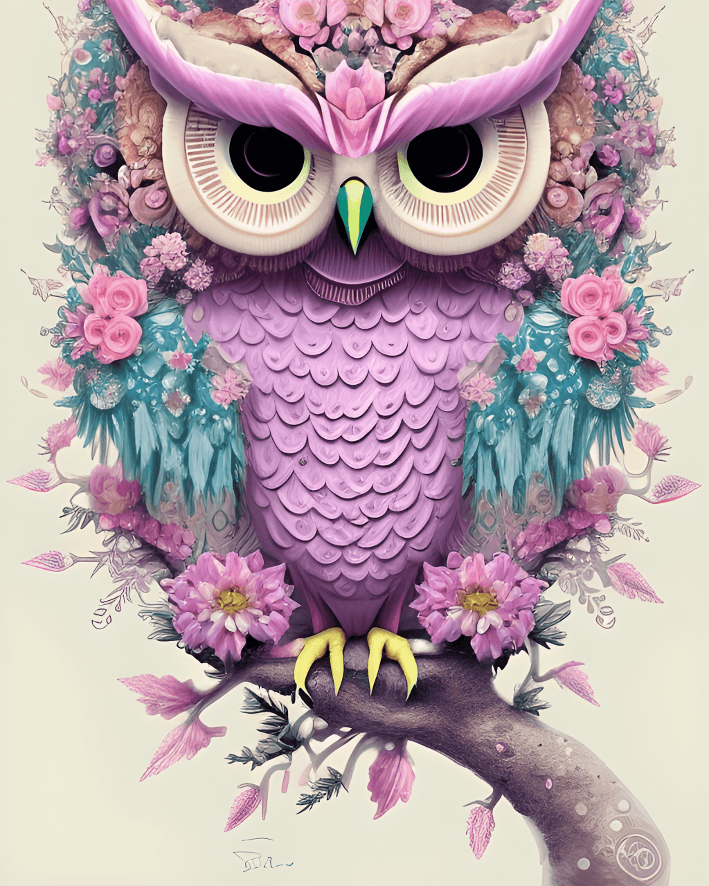 Owl on a Bed of Flowers · Creative Fabrica