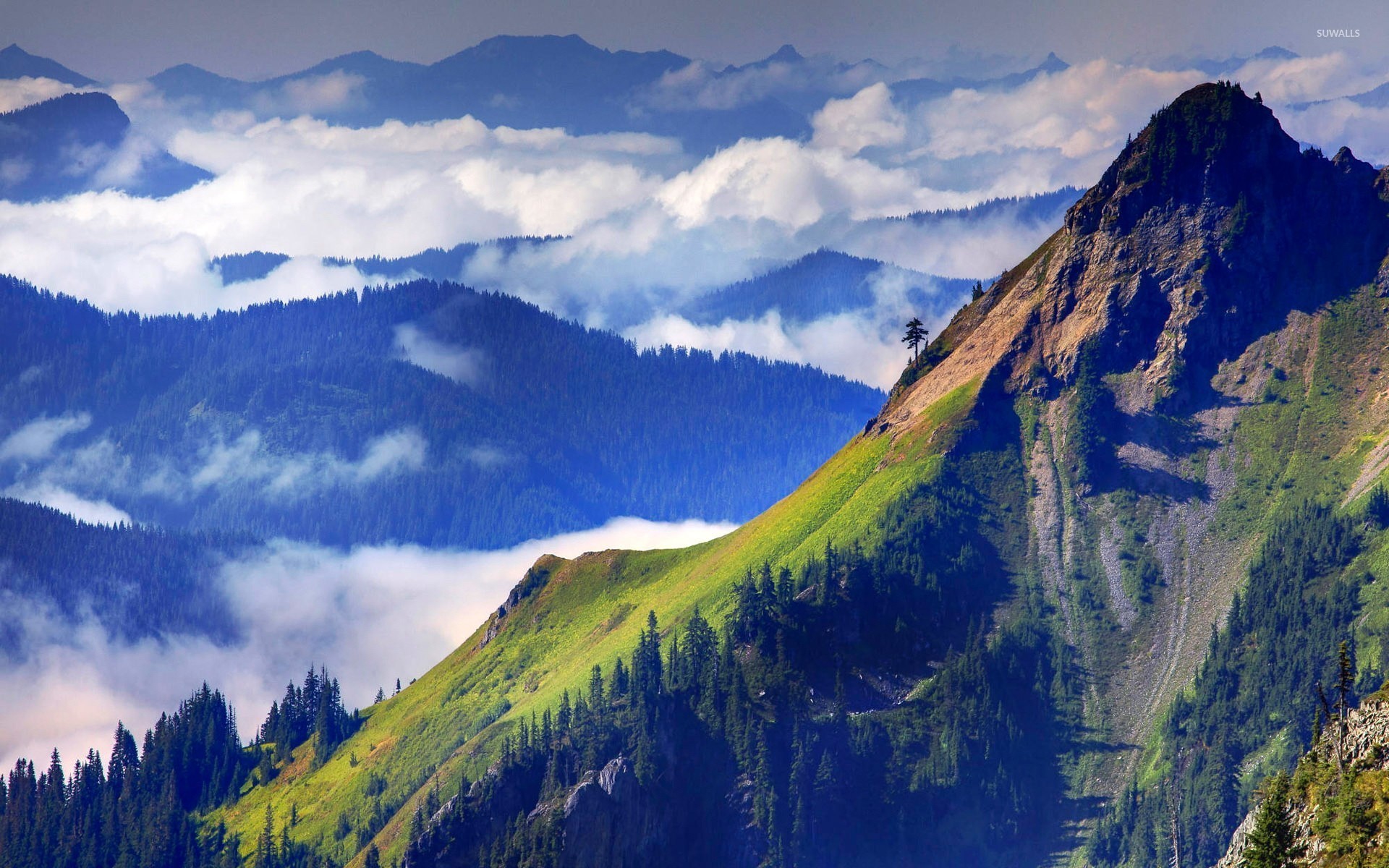 Mountain tops mixing with the clouds wallpaper wallpaper