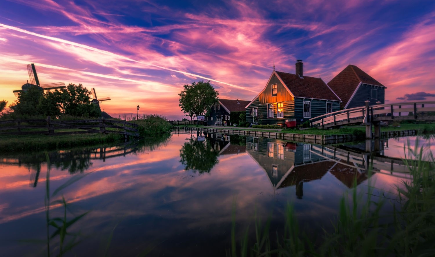 Wallpaper, sunlight, landscape, sunset, cityscape, night, nature, reflection, sky, photography, house, sunrise, skyline, evening, morning, bridge, river, panorama, summer, Netherlands, windmill, dusk, canal, dawn, waterway 1500x887