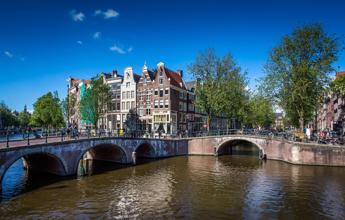 Wallpaper summer, the sky, trees, bridge, bike, people, home, Amsterdam, channel, Netherlands, amsterdam image for desktop, section город