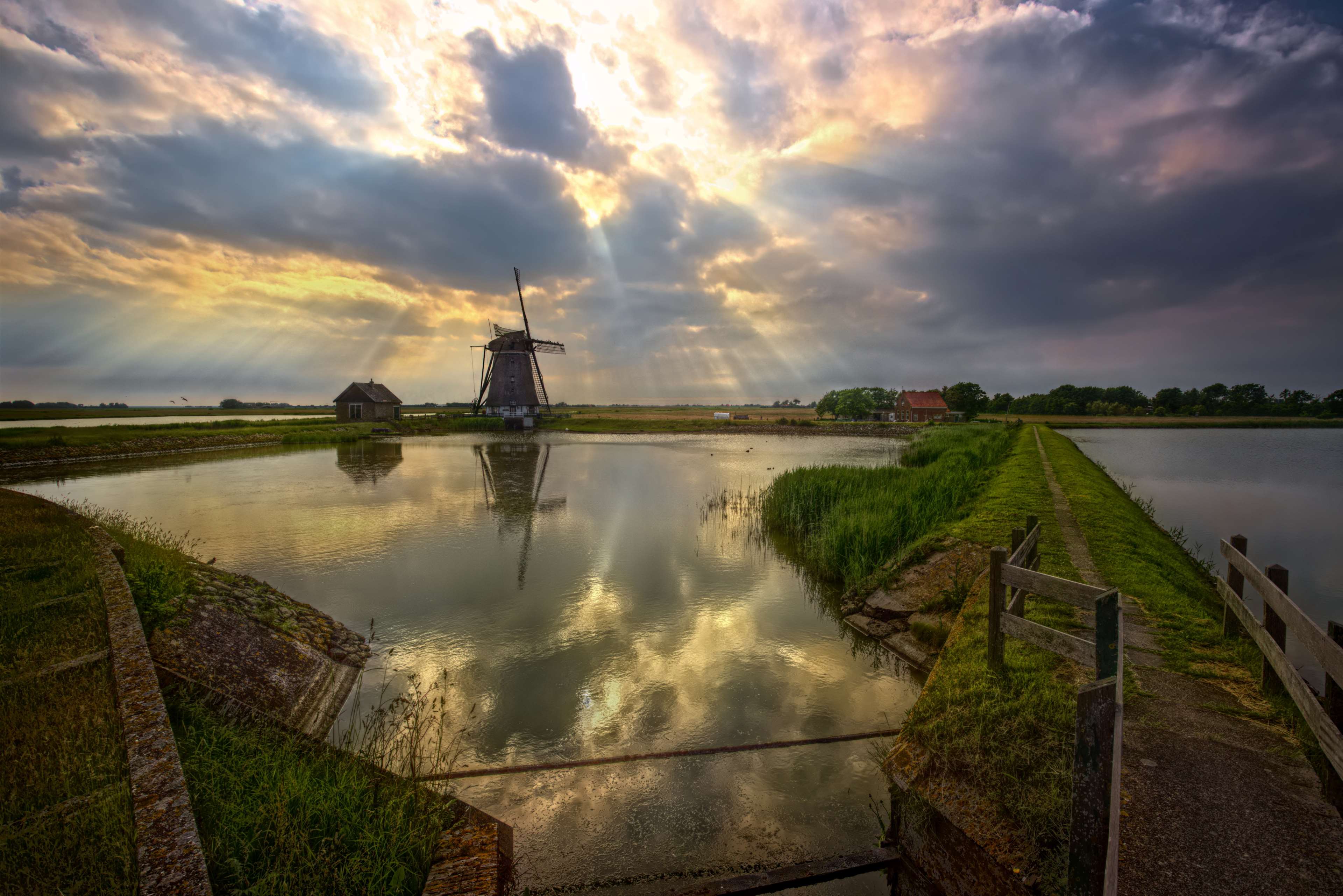 agriculture, clouds, dike, holiday, holland, landscape, mood, netherlands, nice weather, panorama, pond, sky, summer, sun, texel, view, water, windmill 4k Gallery HD Wallpaper