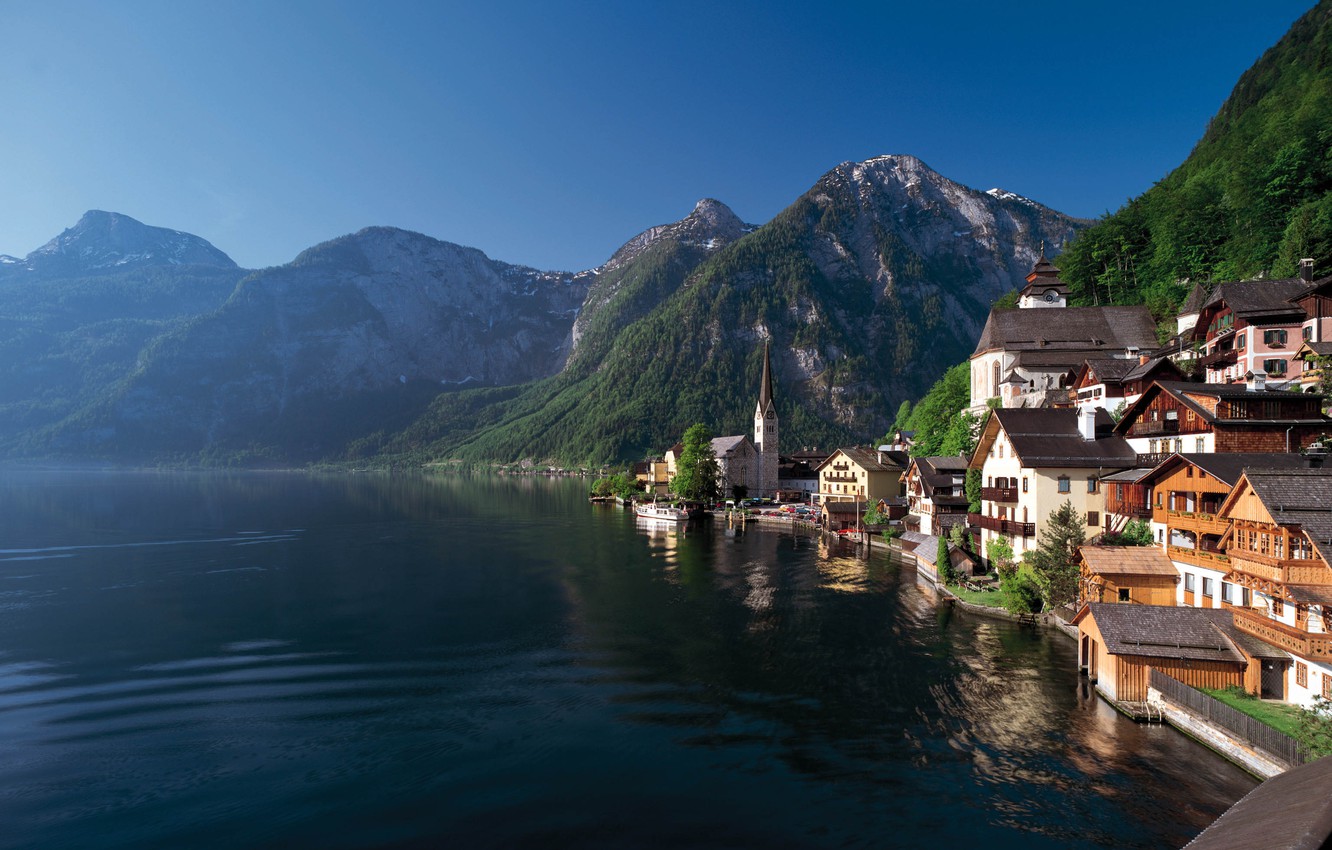 Wallpaper forest, summer, mountains, lake, shore, home, town, Austria, Hallstatt image for desktop, section пейзажи