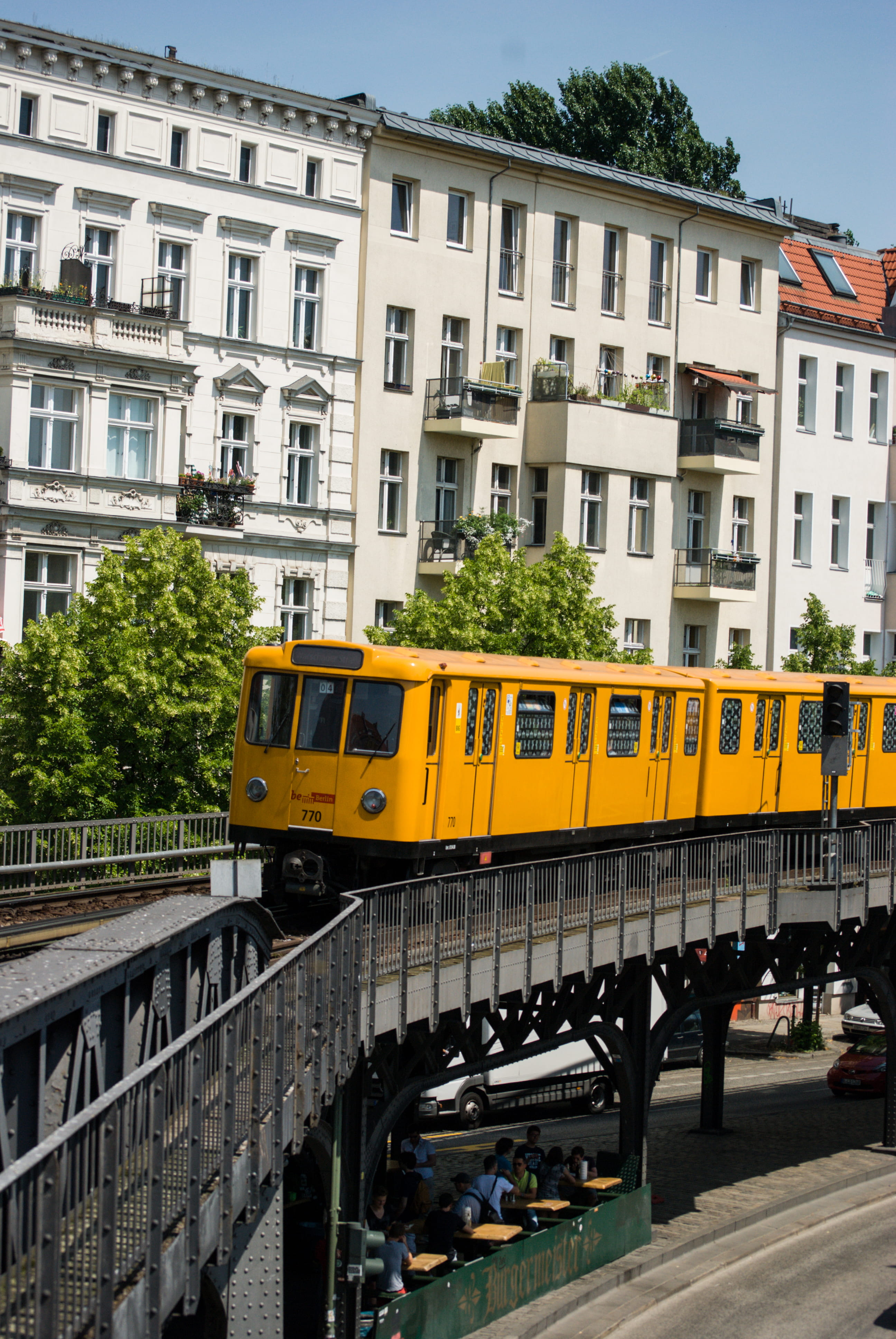 Wallpaper / high, summer, yellow, berlin, city, train, day, transportation, 4K, land vehicle, outdoors, incidental people, canal, school bus, nature, connection free download