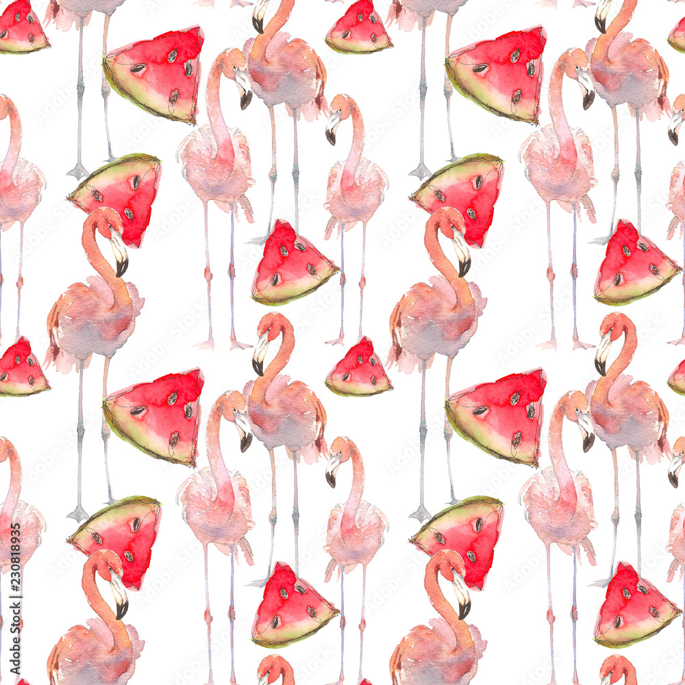 Beautiful seamless summer pattern background with tropical flamingo, watermelon slices.Perfect for wallpaper, web page background, surface textures, textile. Isolated on white background Stock Illustration