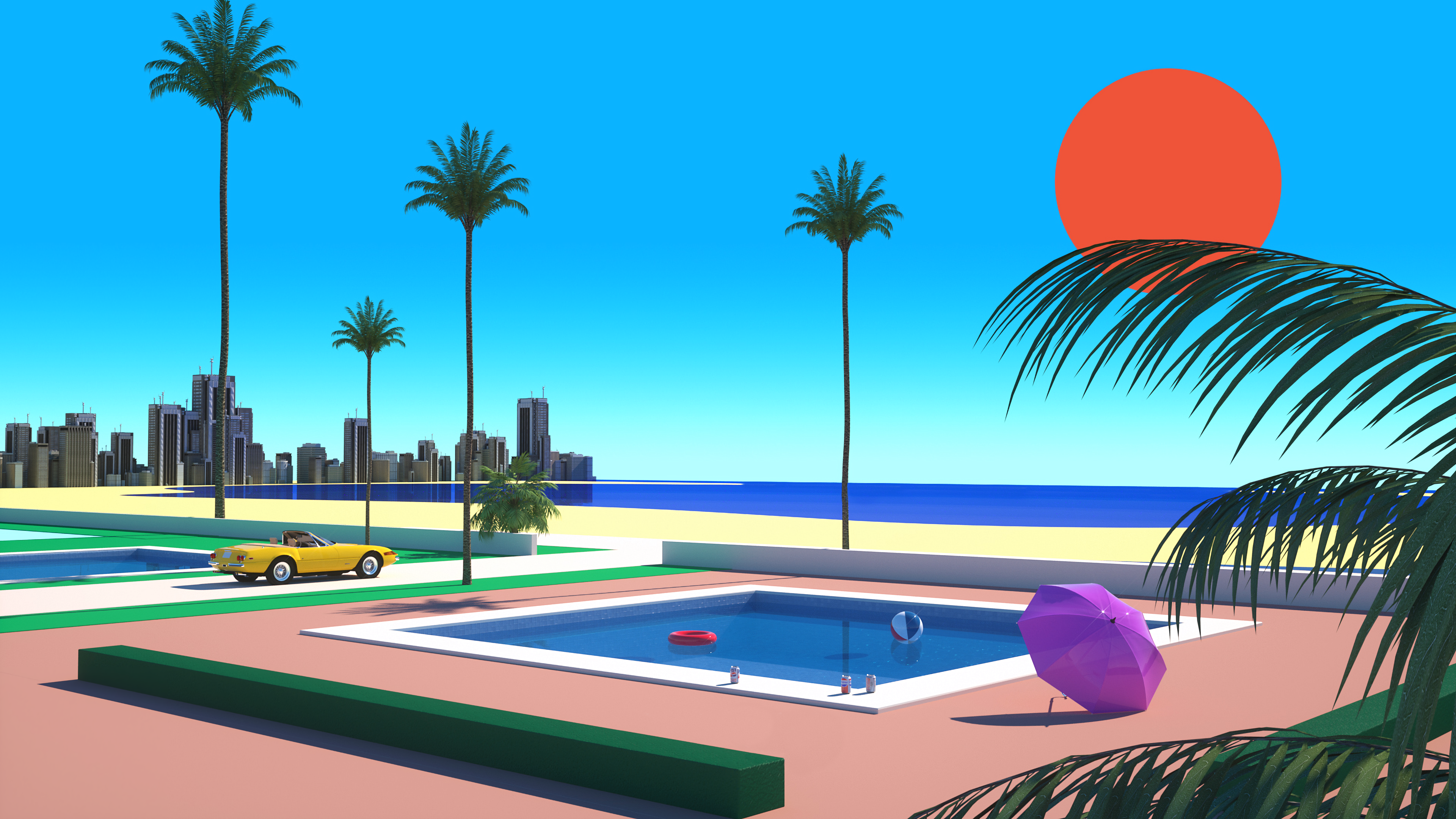 Wallpaper / Trey Trimble, red sun, palm trees, swimming pool, car, vaporwave, Ferrari free download