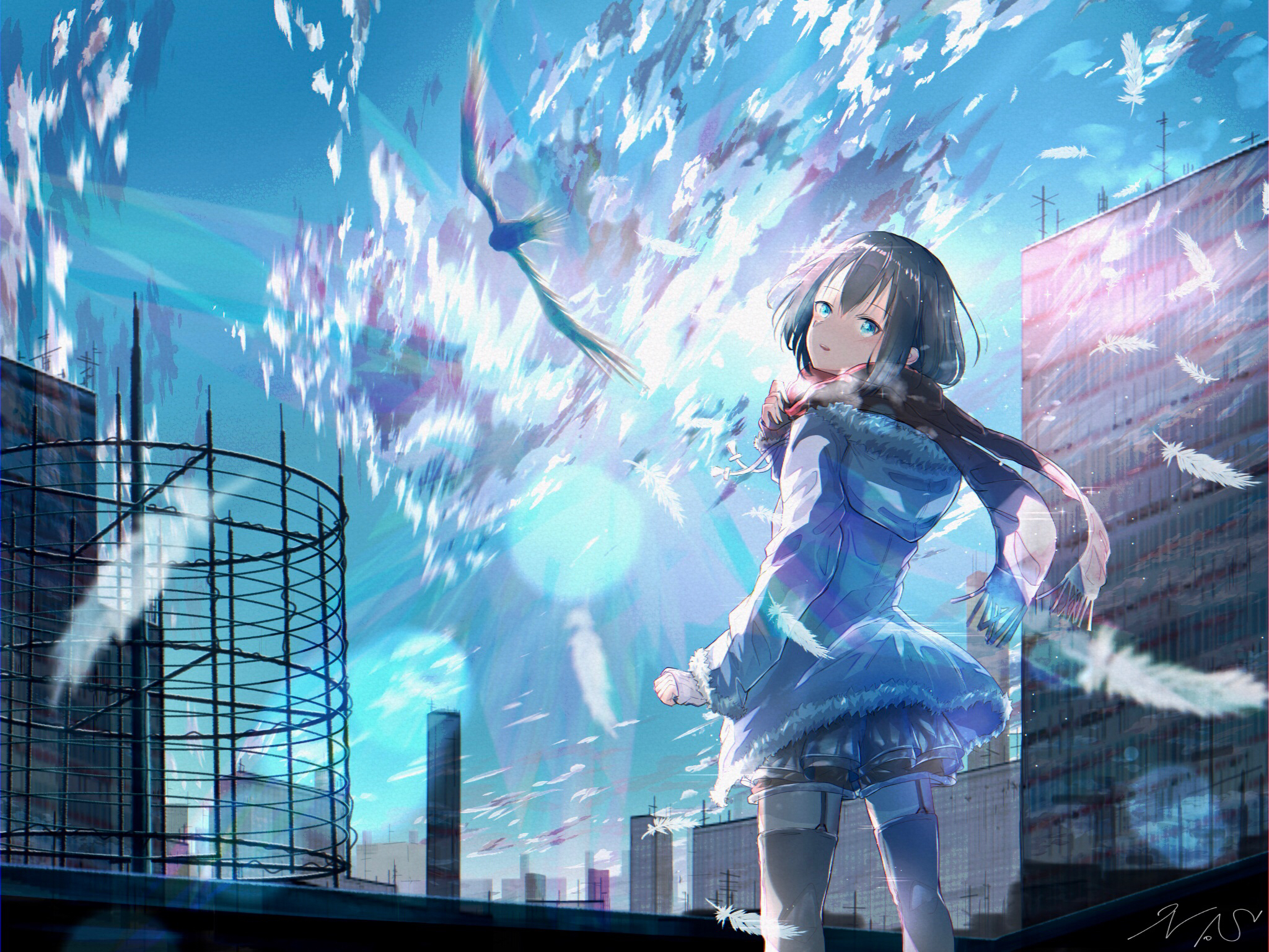 Wallpaper, anime girls, city, sky, clouds 2048x1536