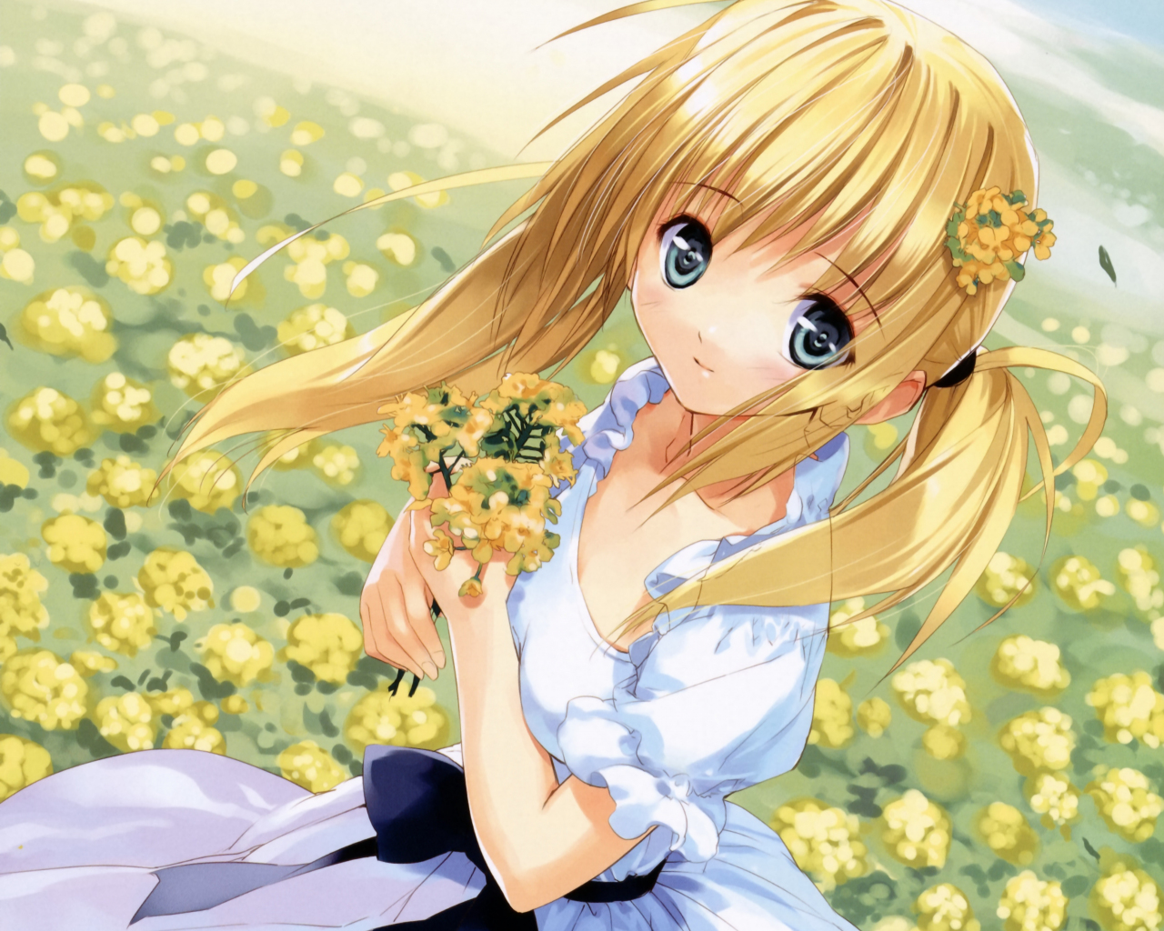 Download 1280x1024 Wallpaper Flower Farm, White Dress, Anime, Cute Girl, Standard 5:4, Fullscreen, 1280x1024 HD Image, Background, 18583
