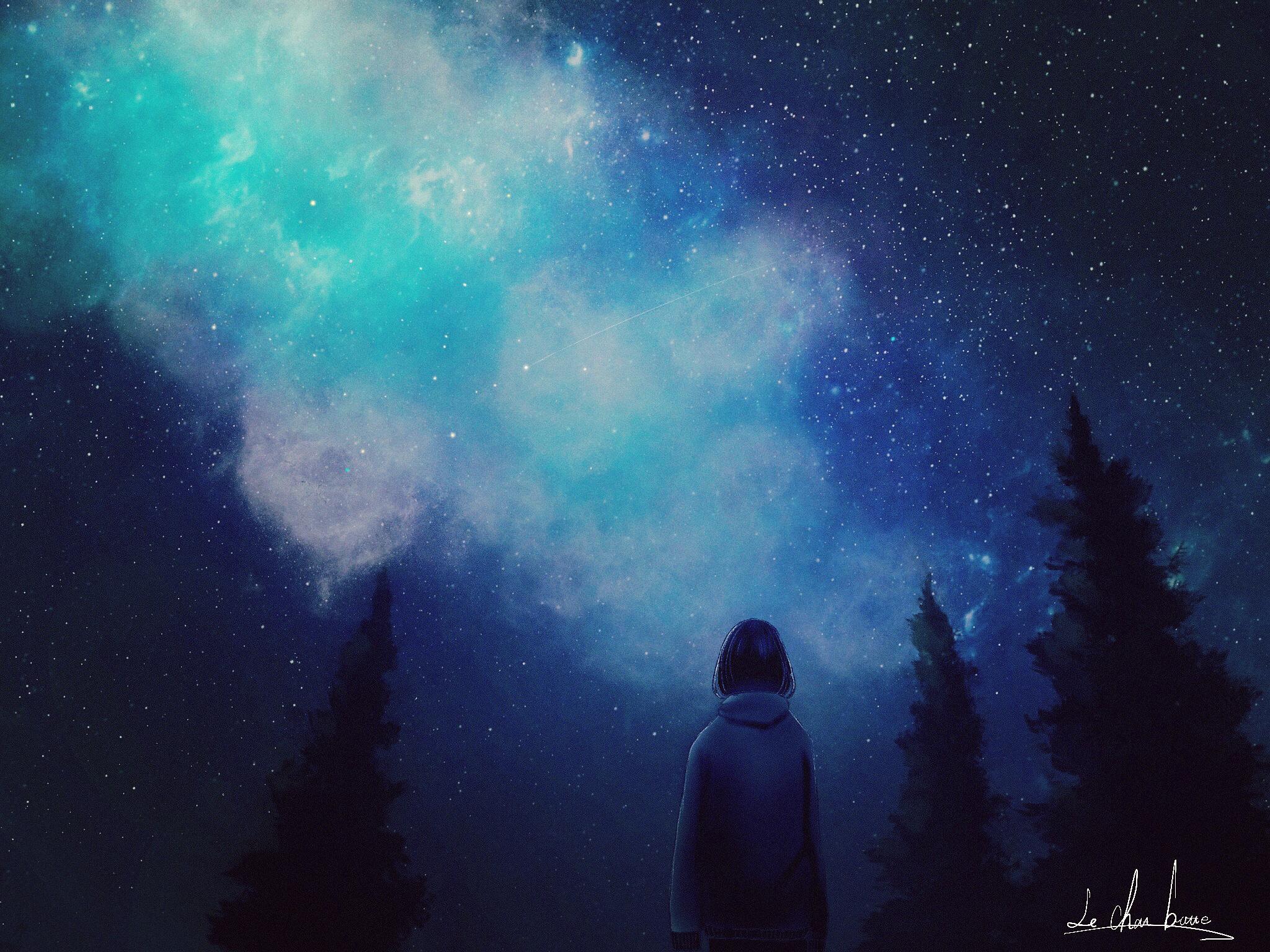 Wallpaper, digital art, artwork, anime girls, skyscape, night sky 2048x1536