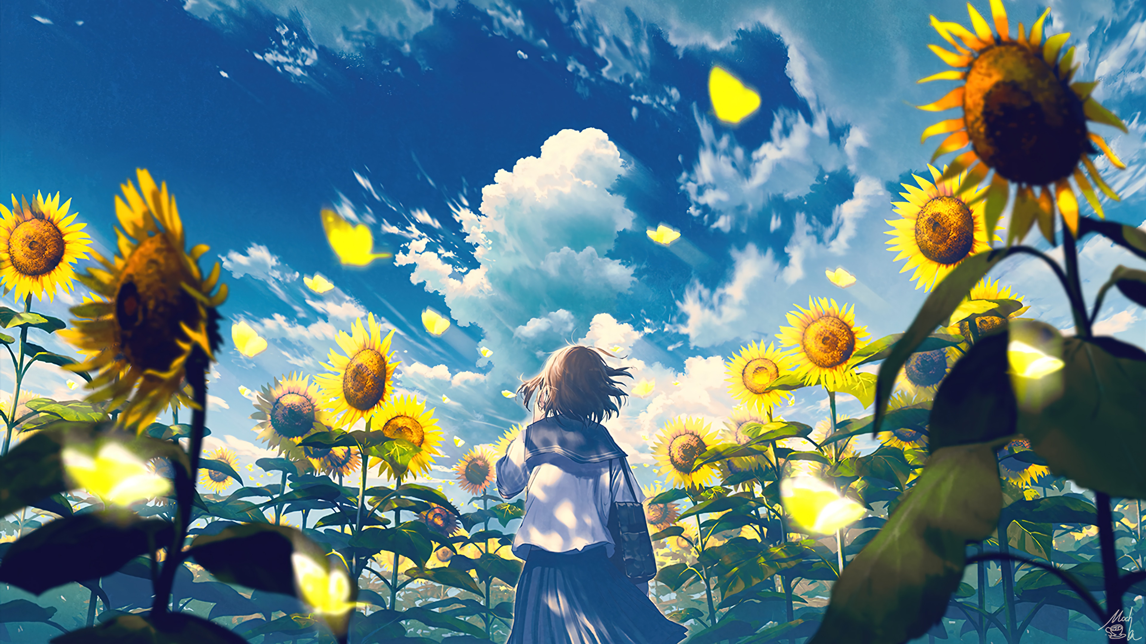 anime, school, girl, sun flower, scenery, 4k Gallery HD Wallpaper