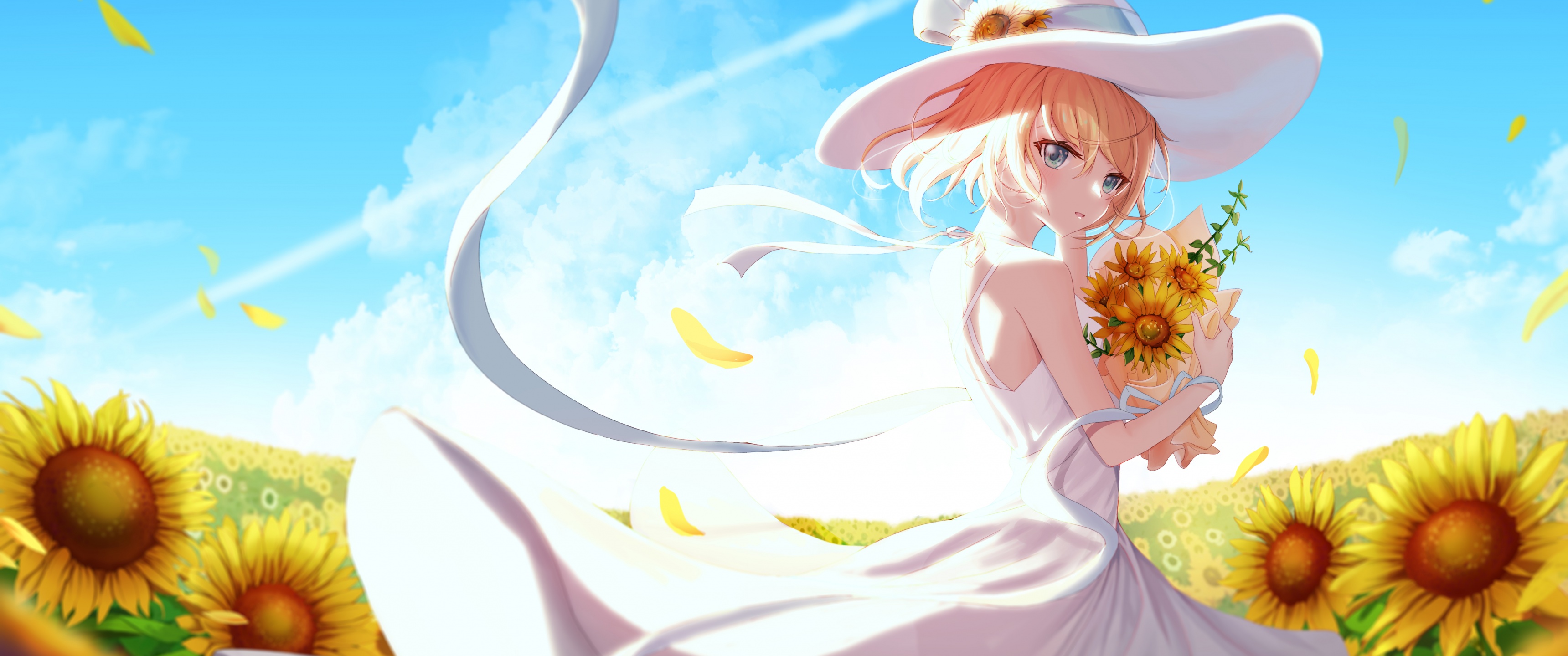 Anime girl Wallpaper 4K, Sunflowers, Sunny day, Fantasy