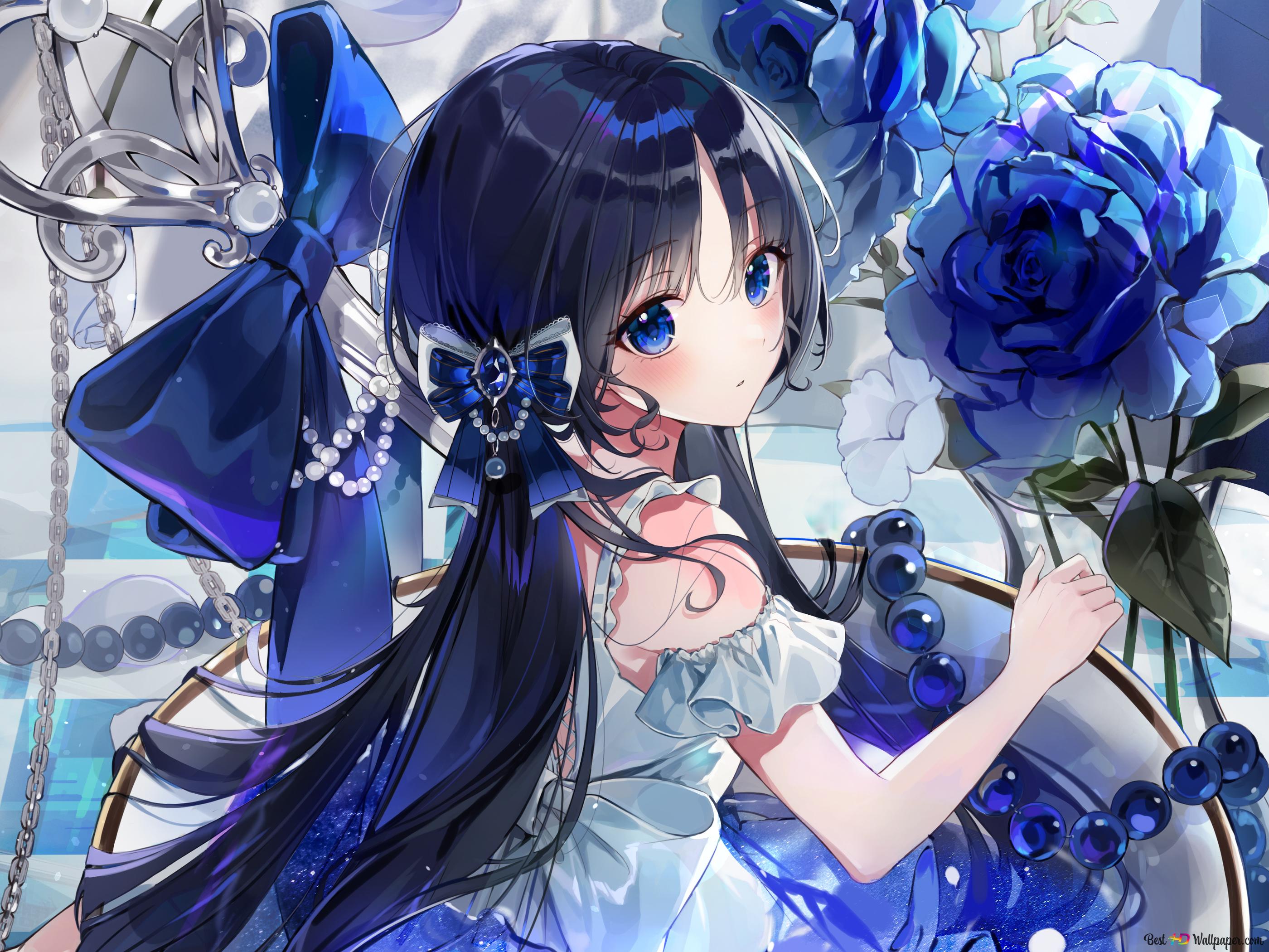 Beautiful anime girl with blue long hair and blue eyes posing among blue flowers 2K wallpaper download