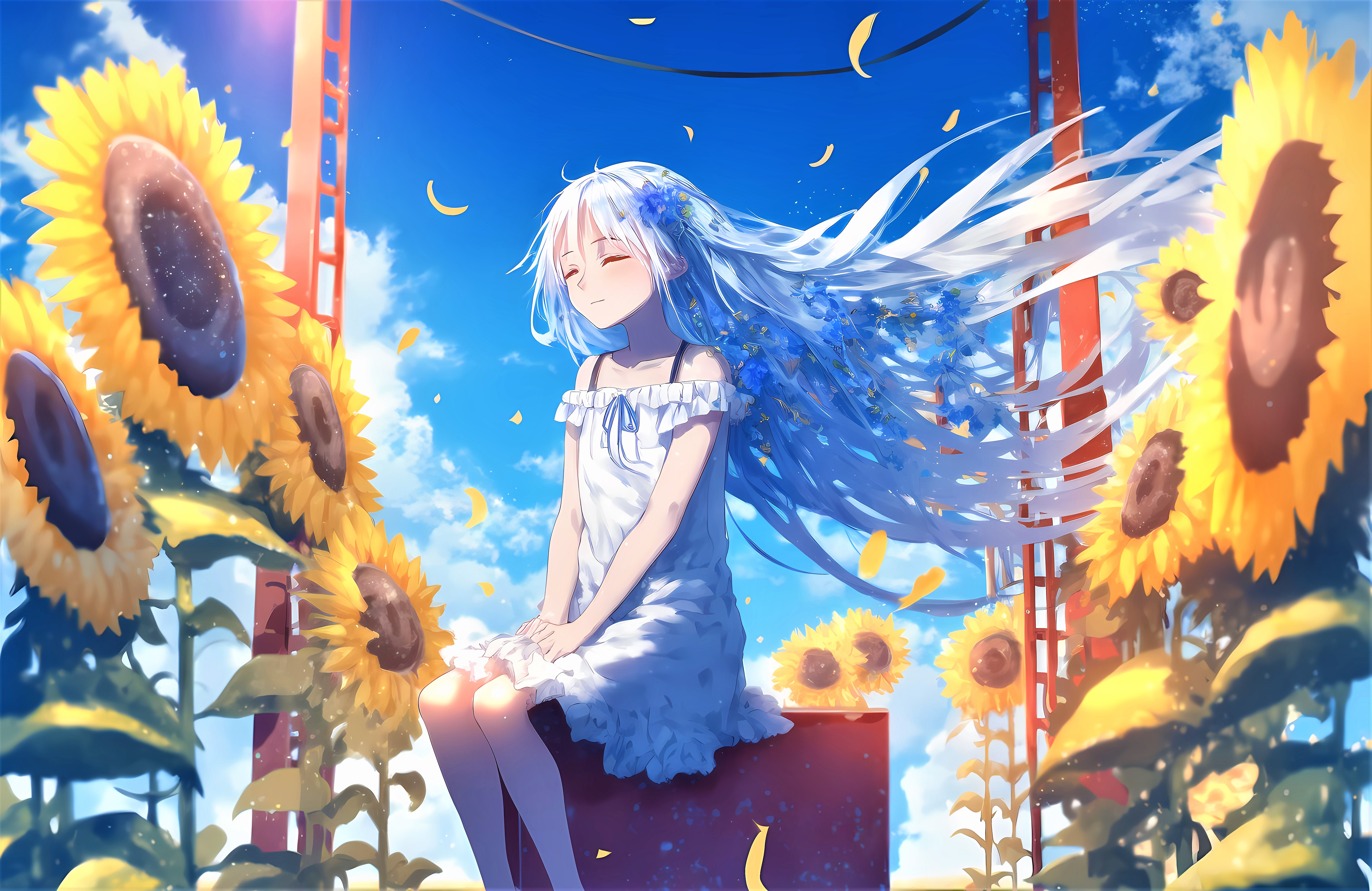 Happy girl Wallpaper 4K, Sunflowers, Anime girl, Anime